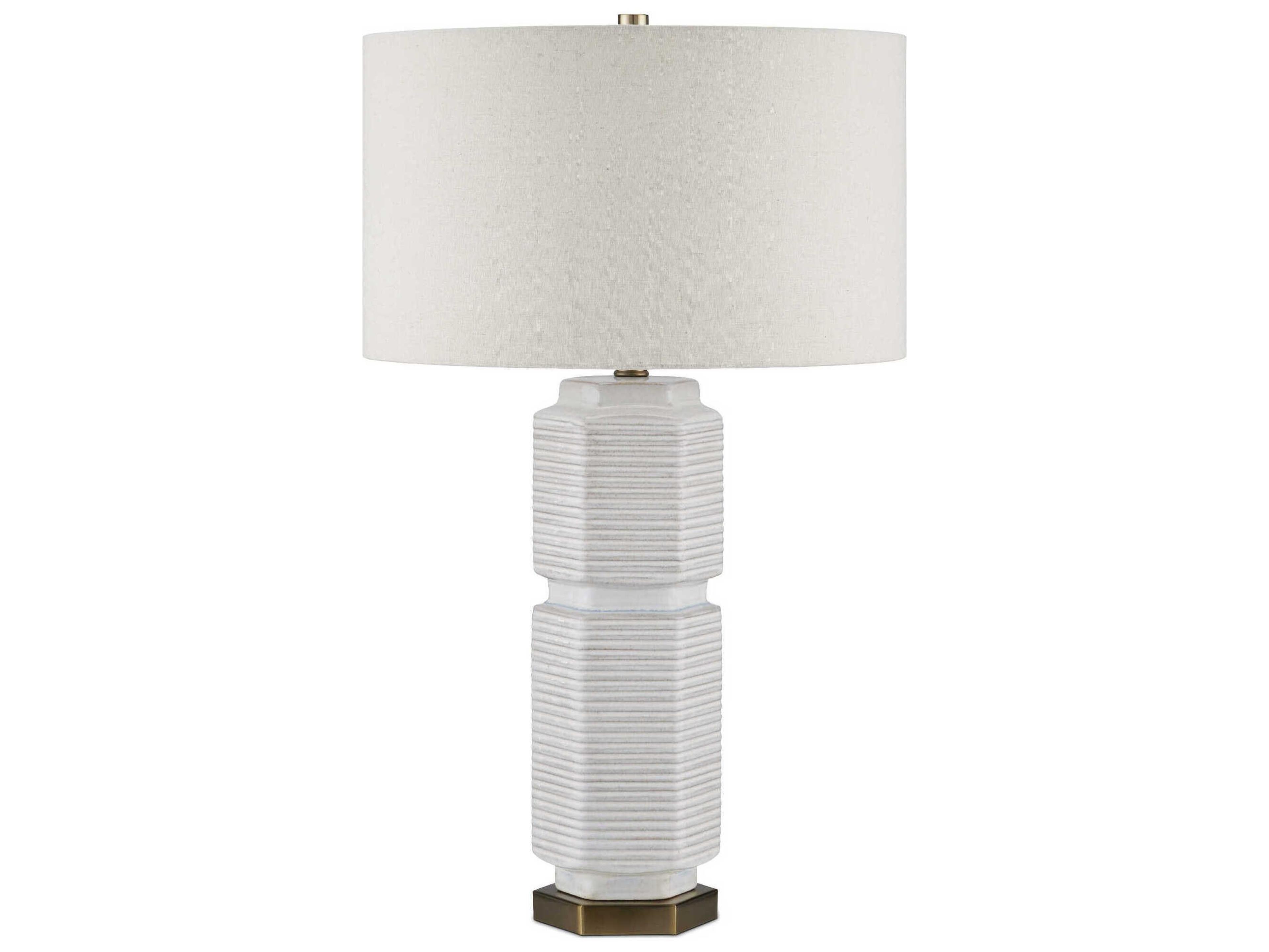 Currey & Company Glebe White Beige Blue Antique Brass Natural Linen Buffet Lamp