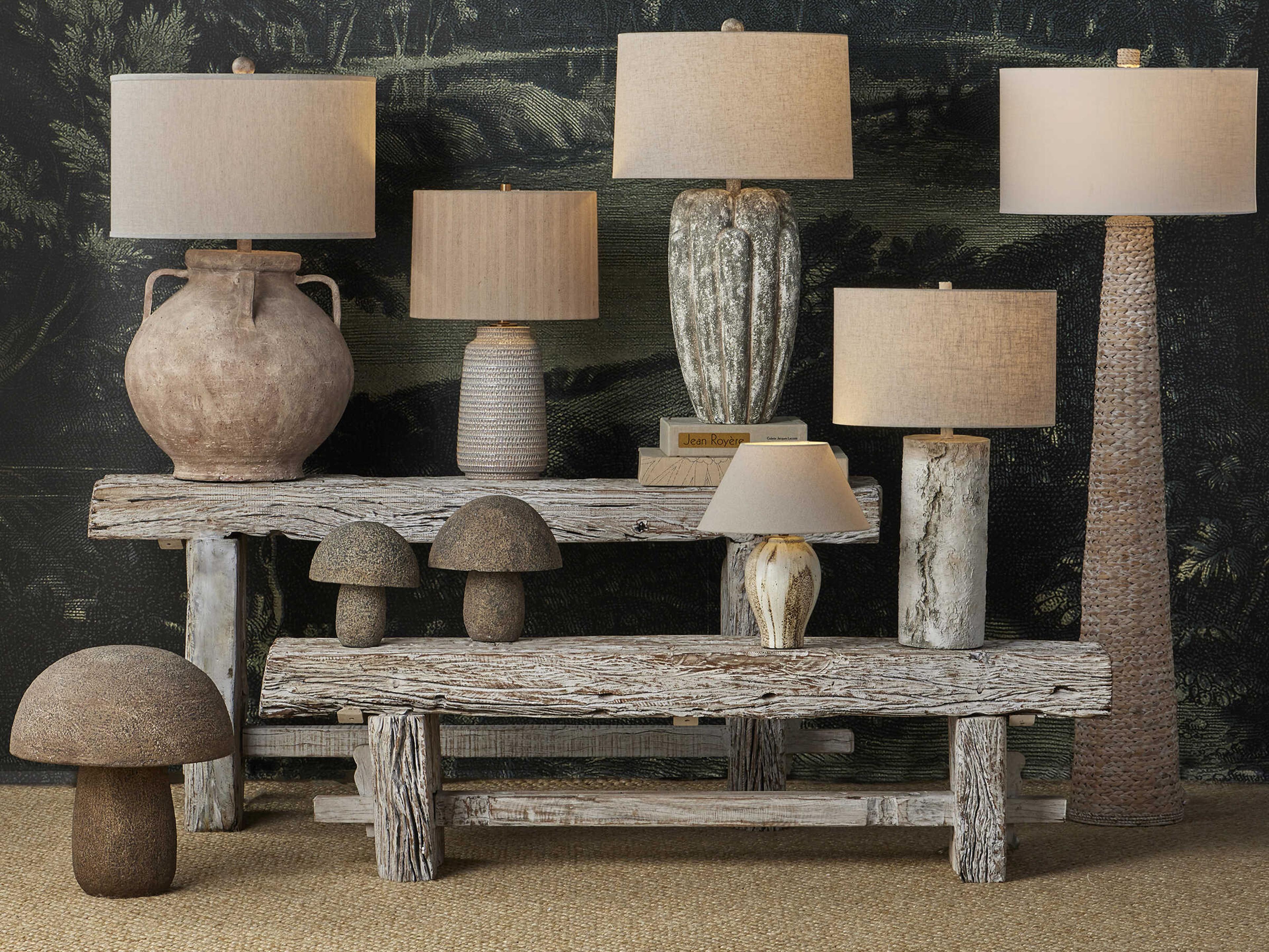 Currey & Company Buttress Dark Gray White Texture Light Natural Linen Buffet Lamp