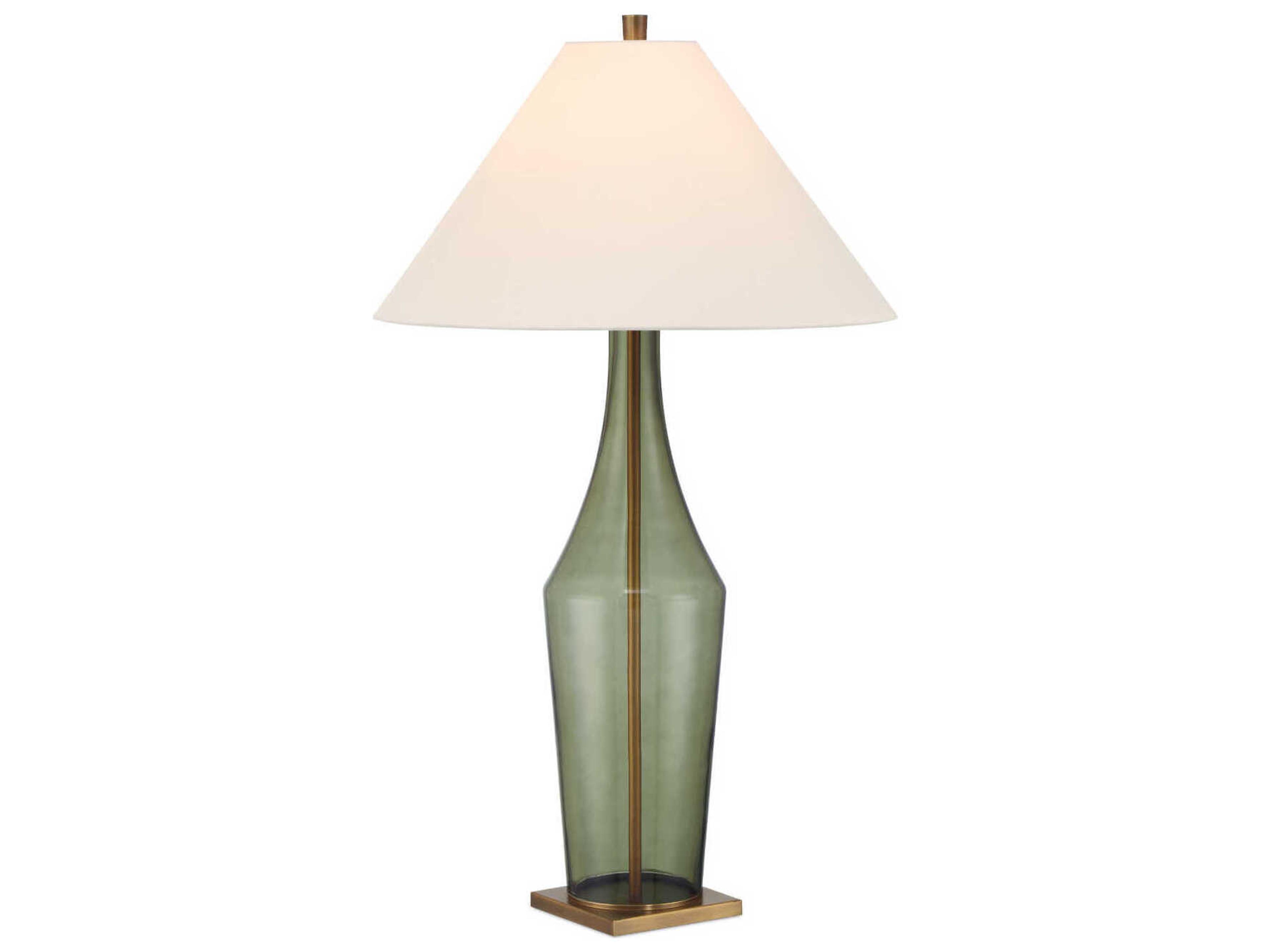 Currey & Company Olive Green Antique Brass Beige Polyester Hardback Rolled Edge Buffet Lamp