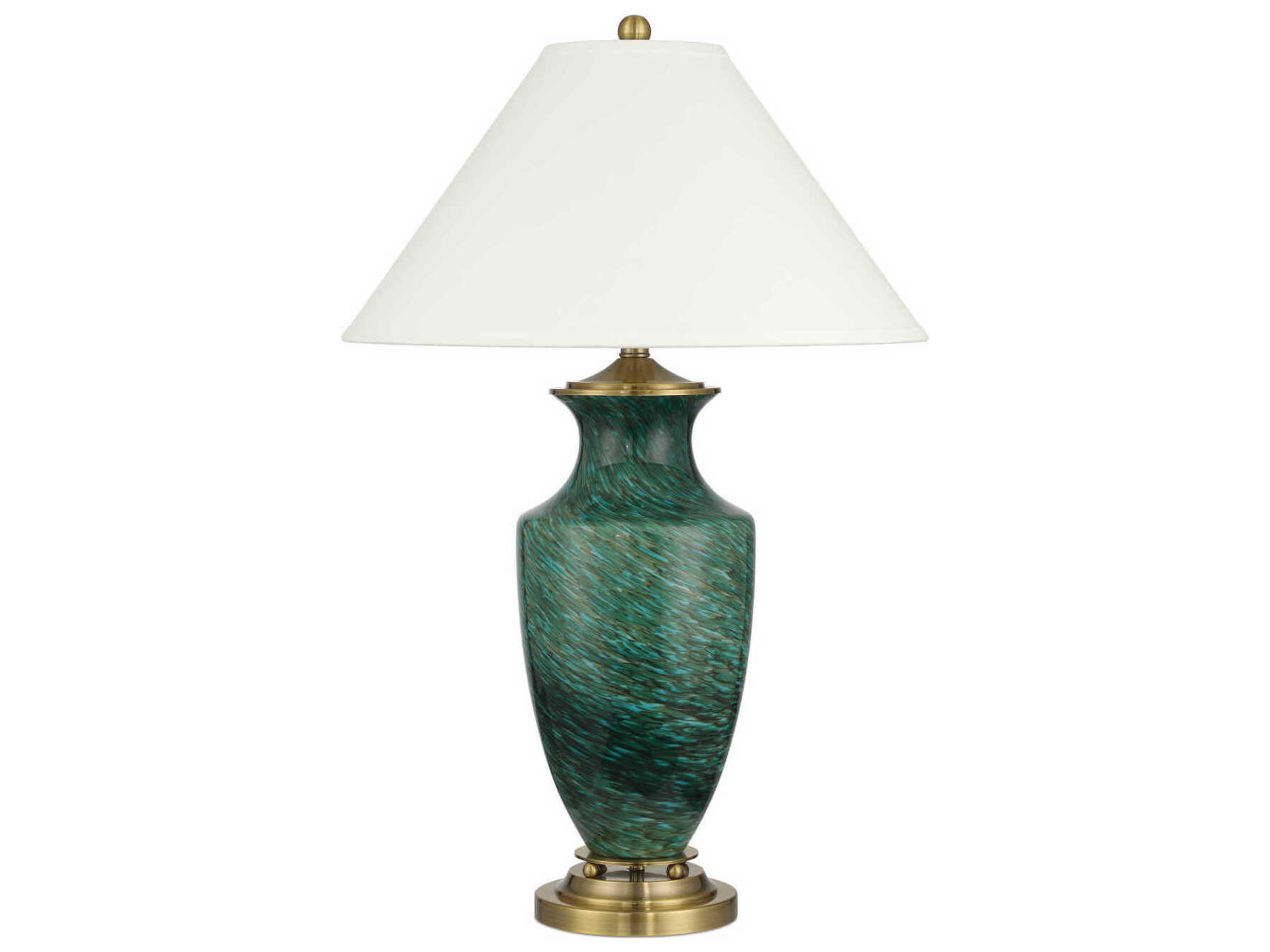 Currey & Company Claude Green Antique Brass White Linen Buffet Lamp