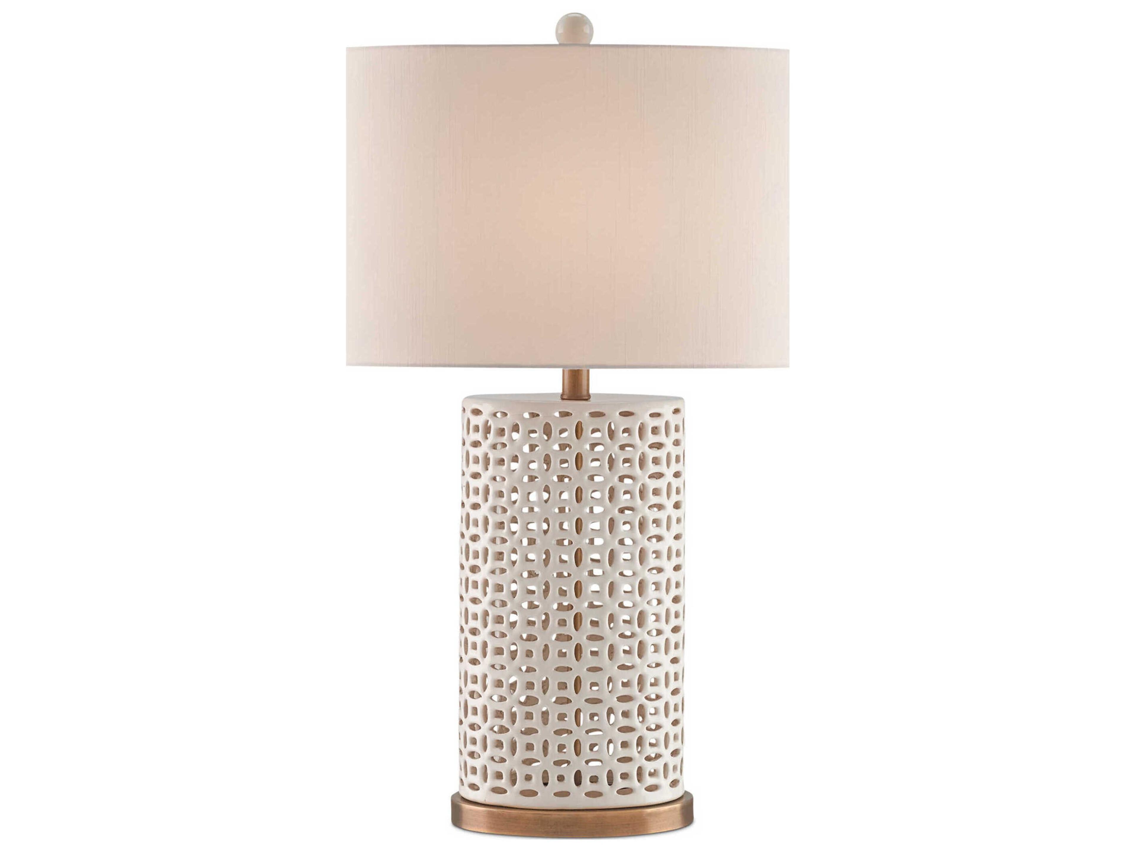 Currey & Company Bellemeade Edison Bulb Buffet/Table Ivory Antique Brass White Buffet Lamp with Honey Beige Shantung Shade