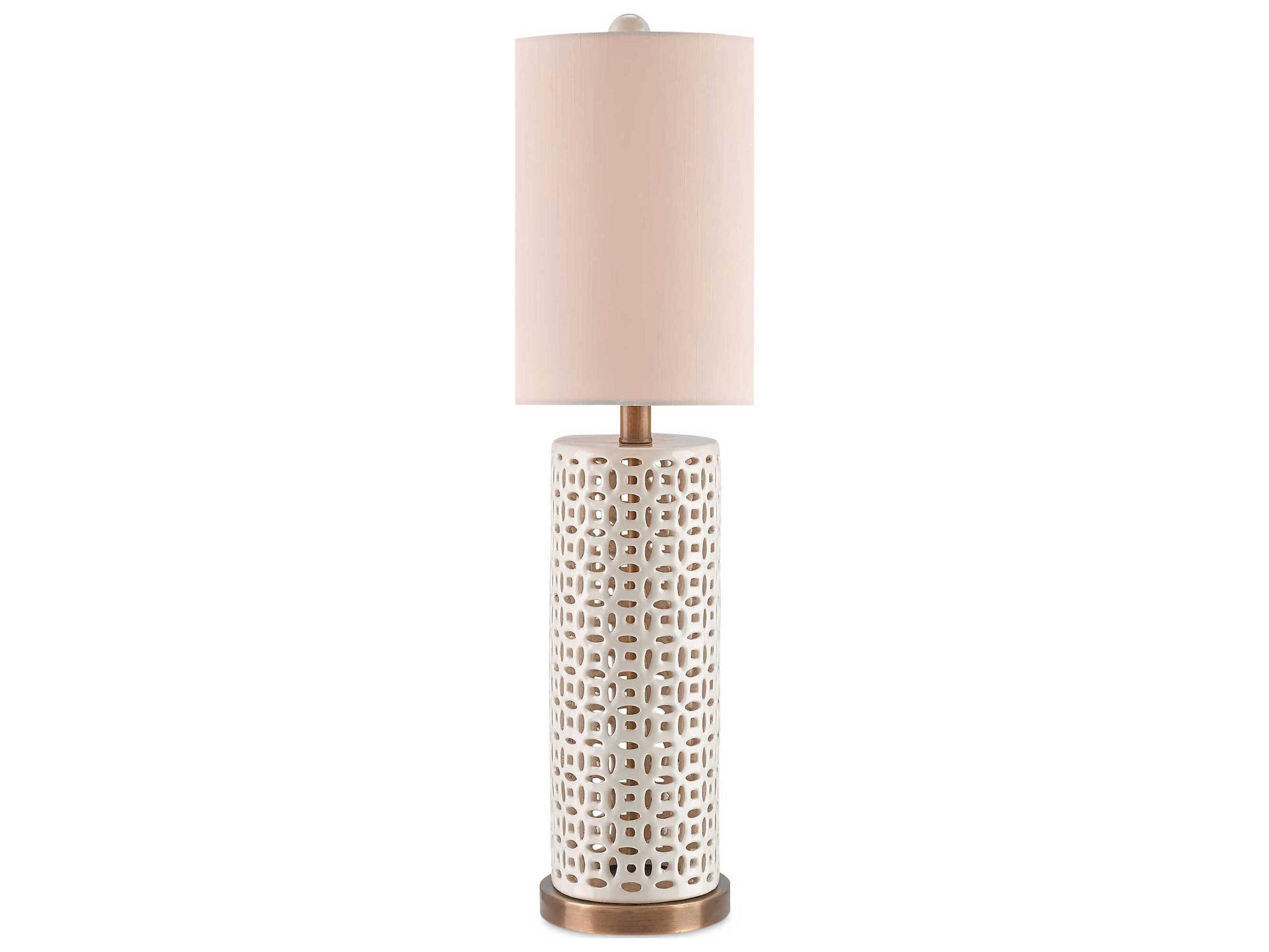 Currey & Company Bellemeade Edison Bulb Buffet/Table Ivory Antique Brass White Buffet Lamp with Honey Beige Shantung Shade