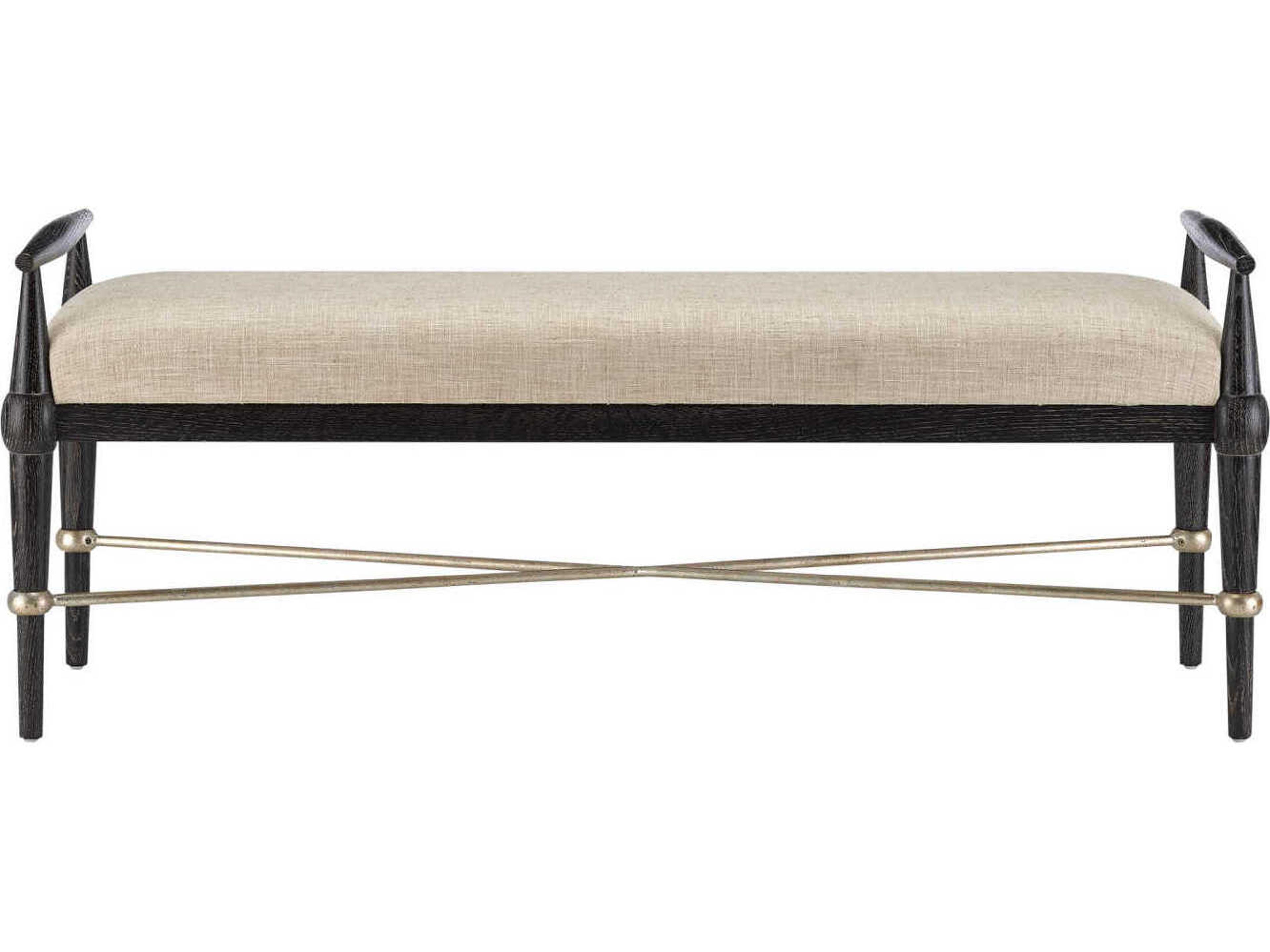 Currey & Company Perrin Natural Ebonized Oak Beige Upholstered Accent Bench