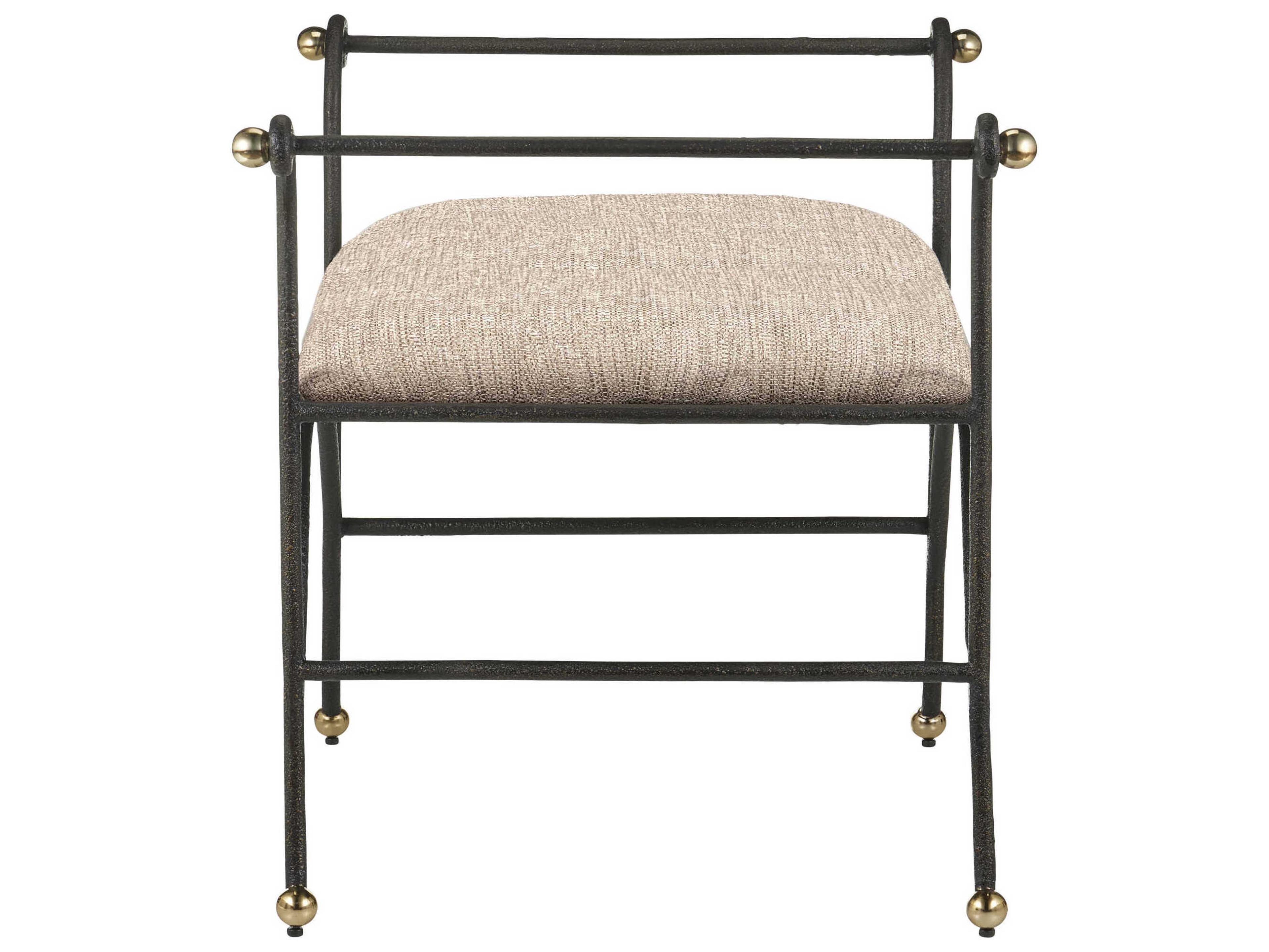 Currey & Company Mabel Antique Black Polished Brass Upholstered Ottoman