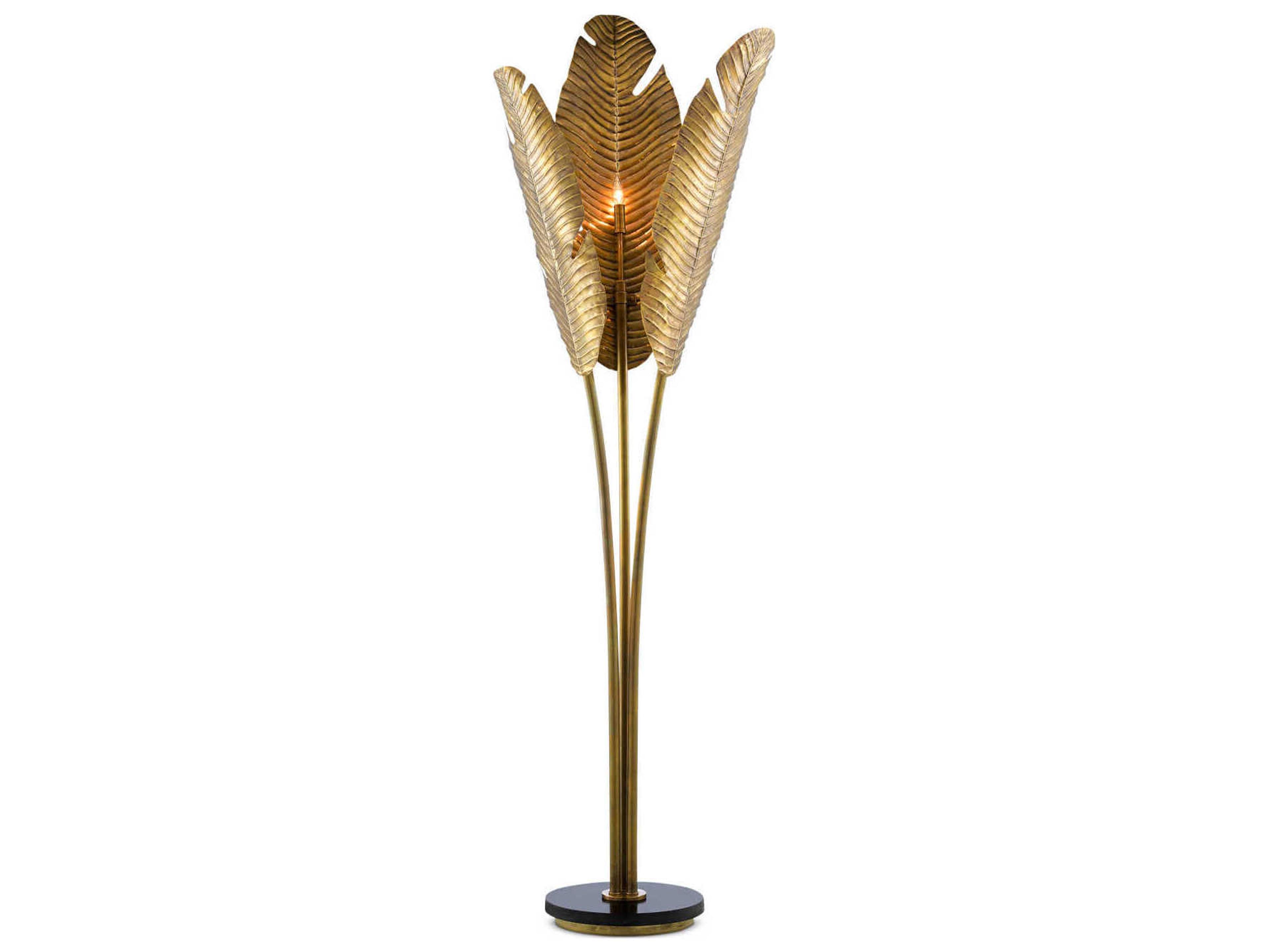 Currey & Company Tropical Vintage Brass Black Gold Floor Lamp