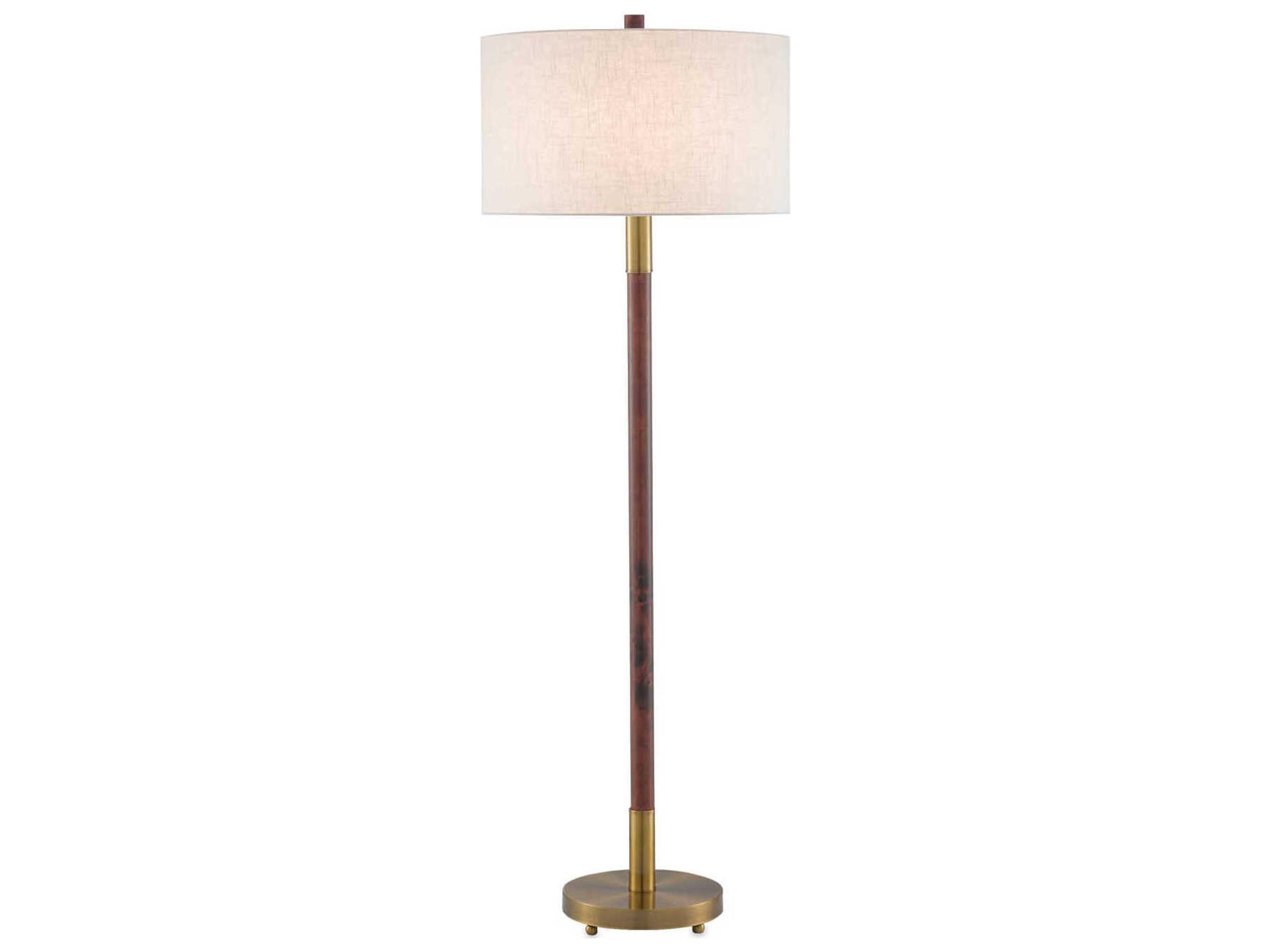 Currey & Company Bravo Mahogany Antique Brass Off White Linen Brown Floor Lamp