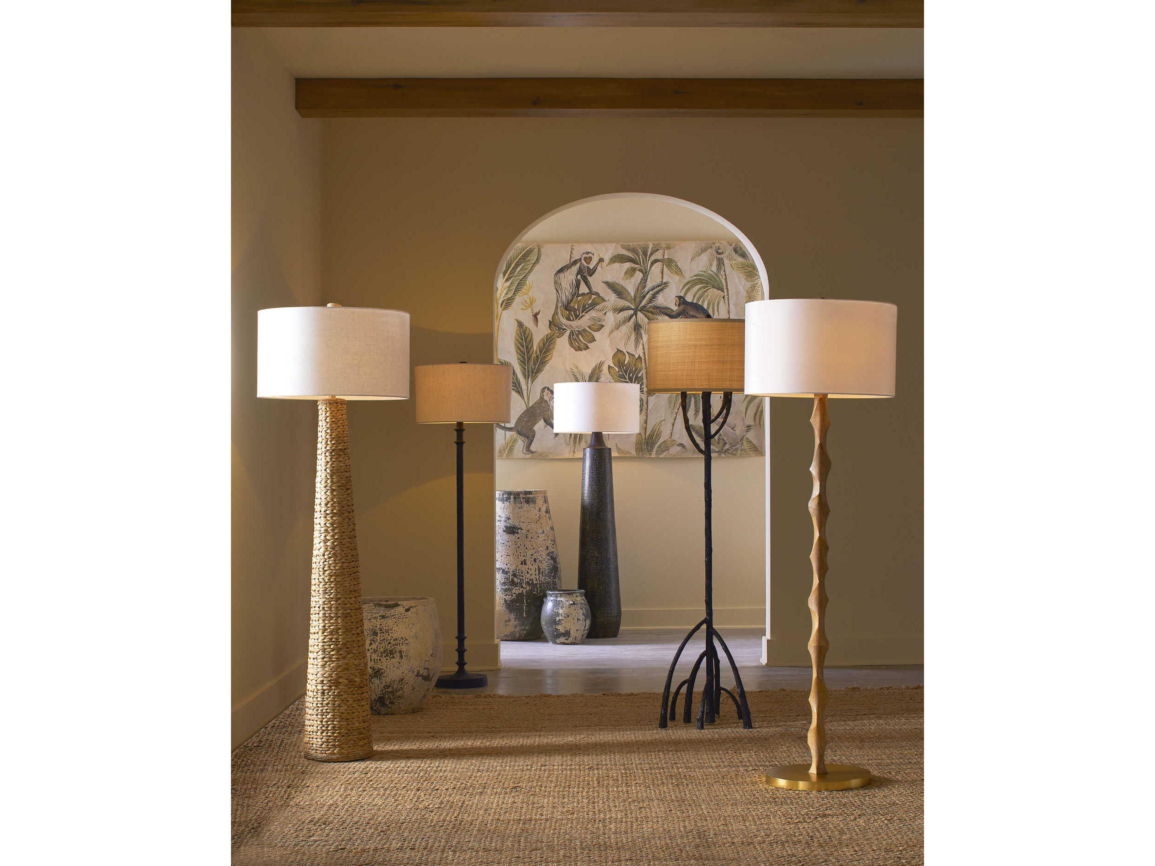 Currey & Company Gallo Bronze Natural Linen Floor Lamp