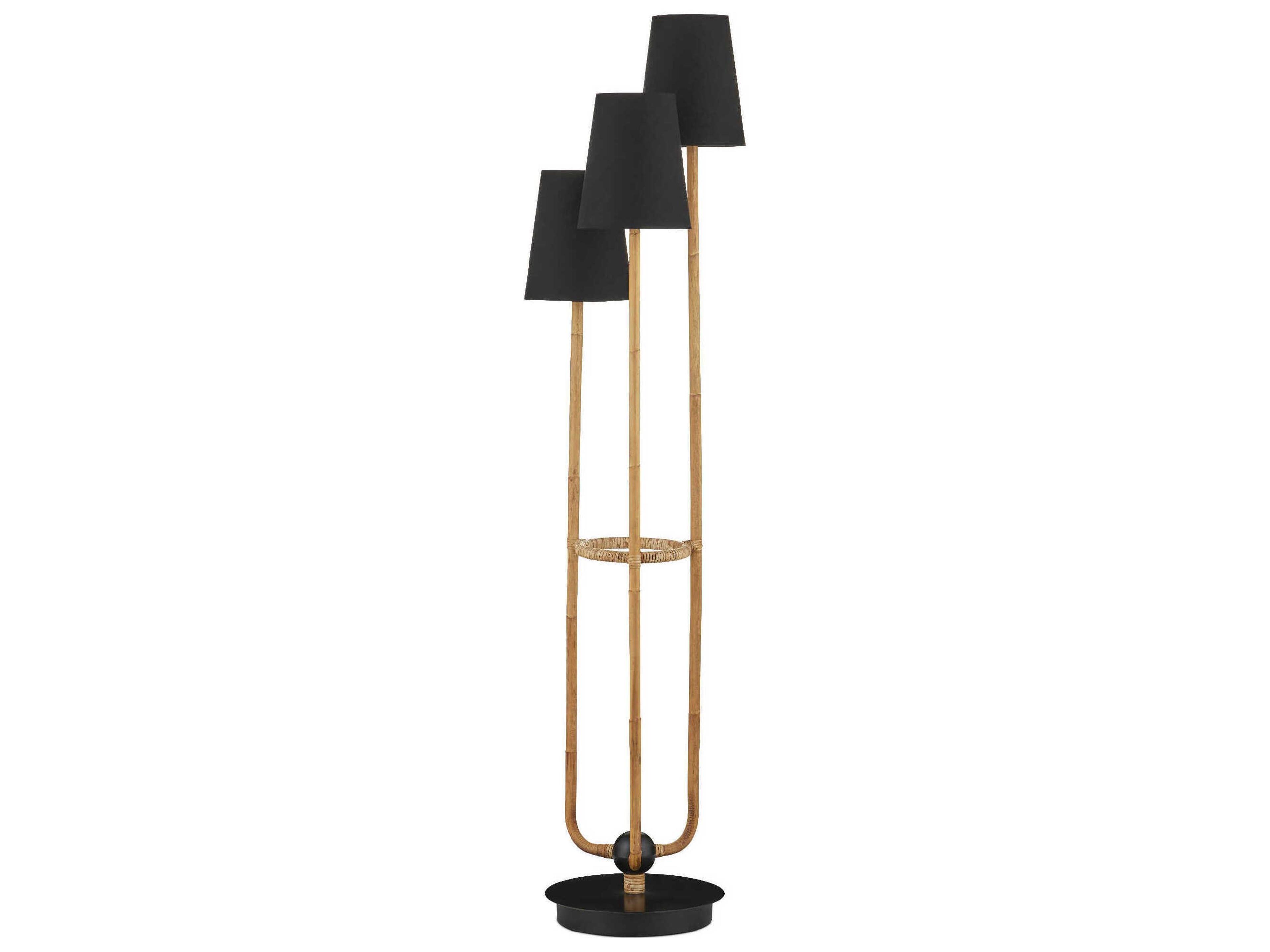 Currey & Company Triptych Natural Rattan Satin Black Linen Floor Lamp