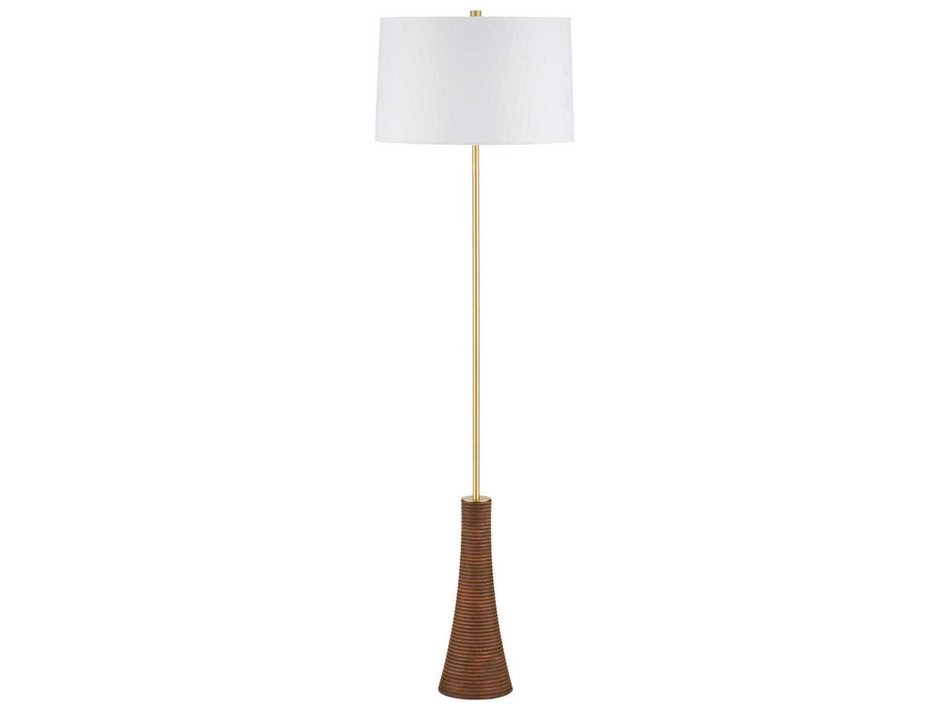 Currey & Company Lathe Natural Brushed Brass White Linen Floor Lamp