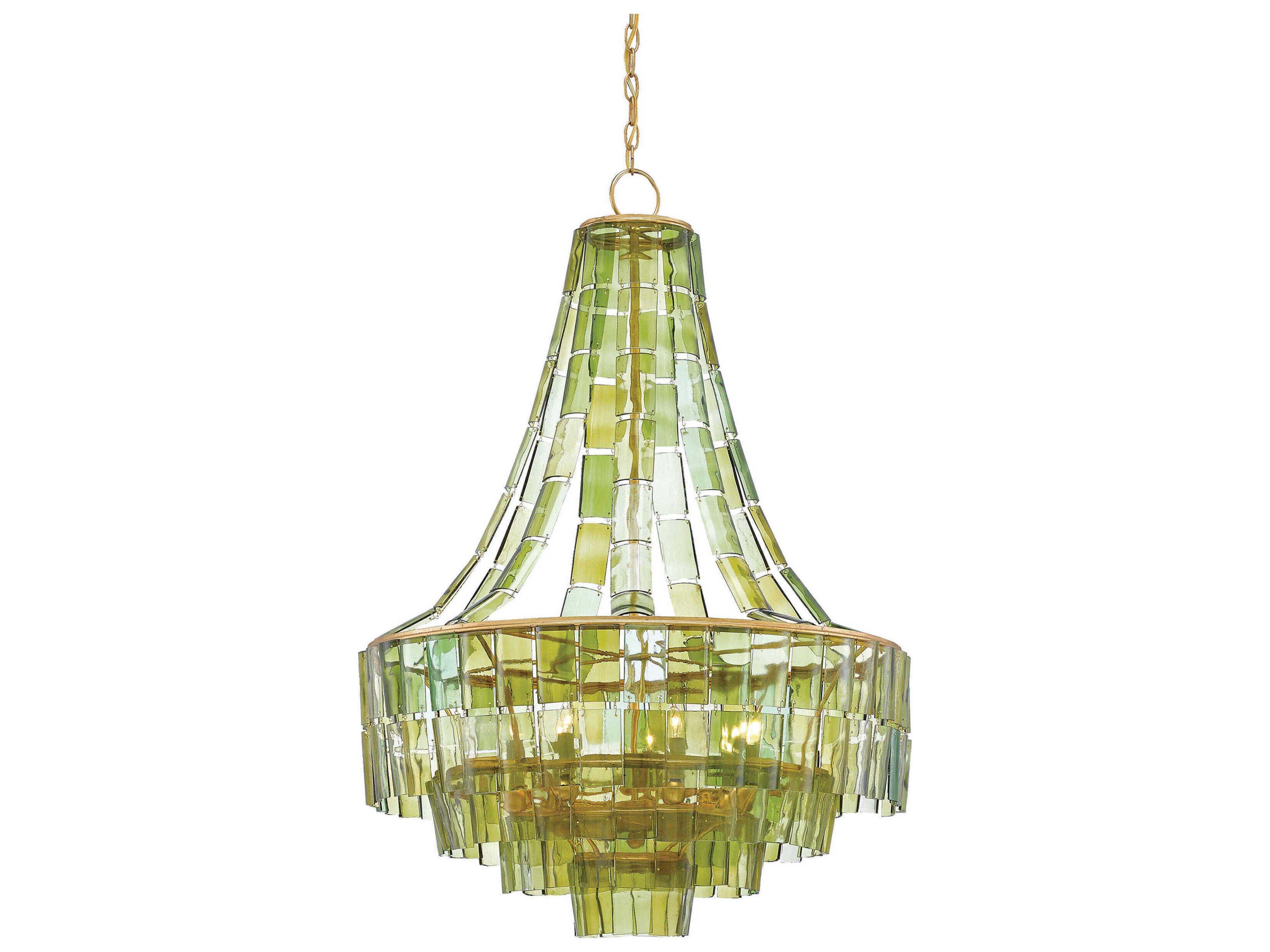 Vintner Chandelier in Gold Leaf and Green Recycled Glass