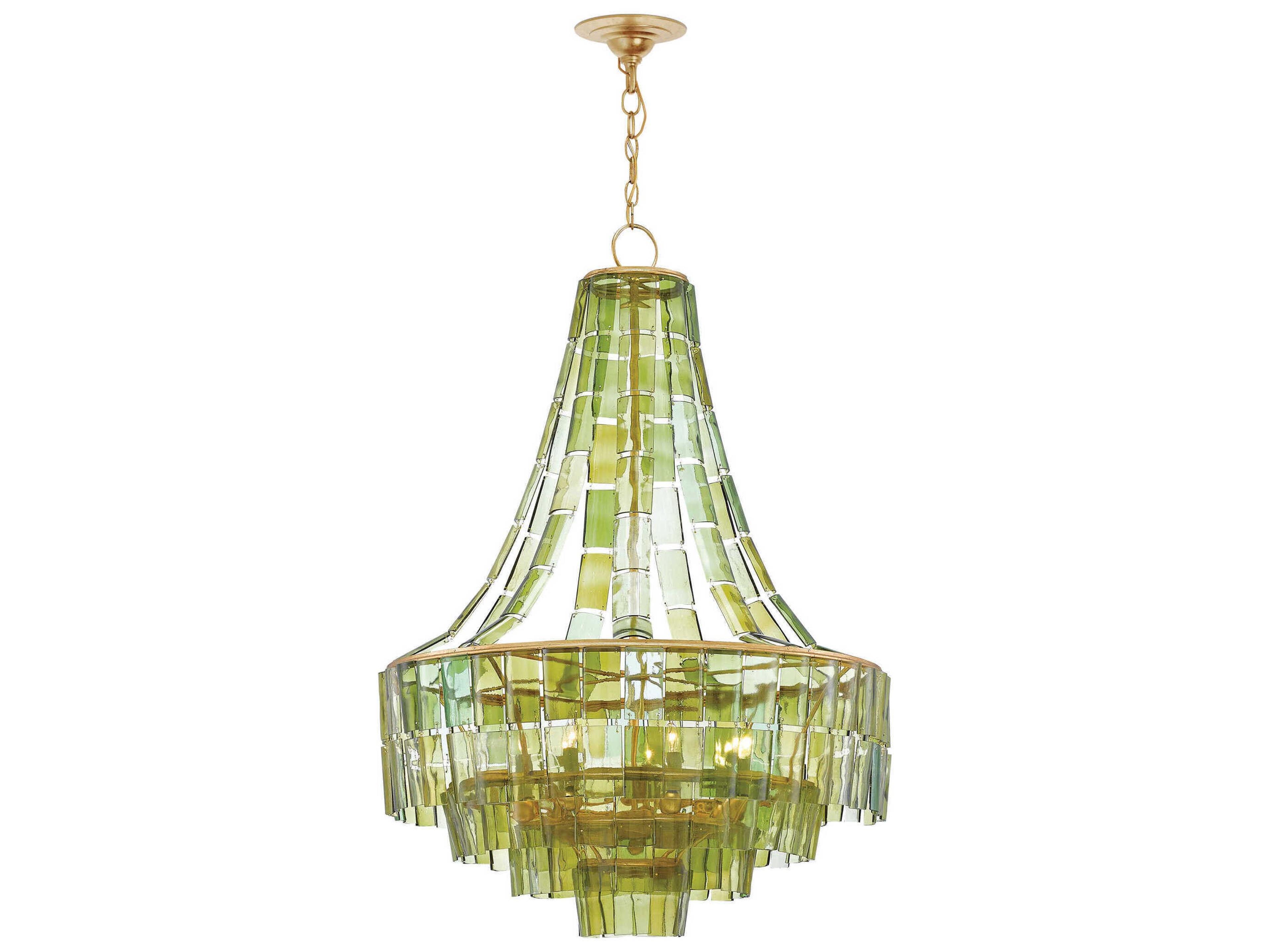 Currey & Company Vintner 7-Light Dark Contemporary Gold Leaf Green Glass Candelabra Geometric Chandelier