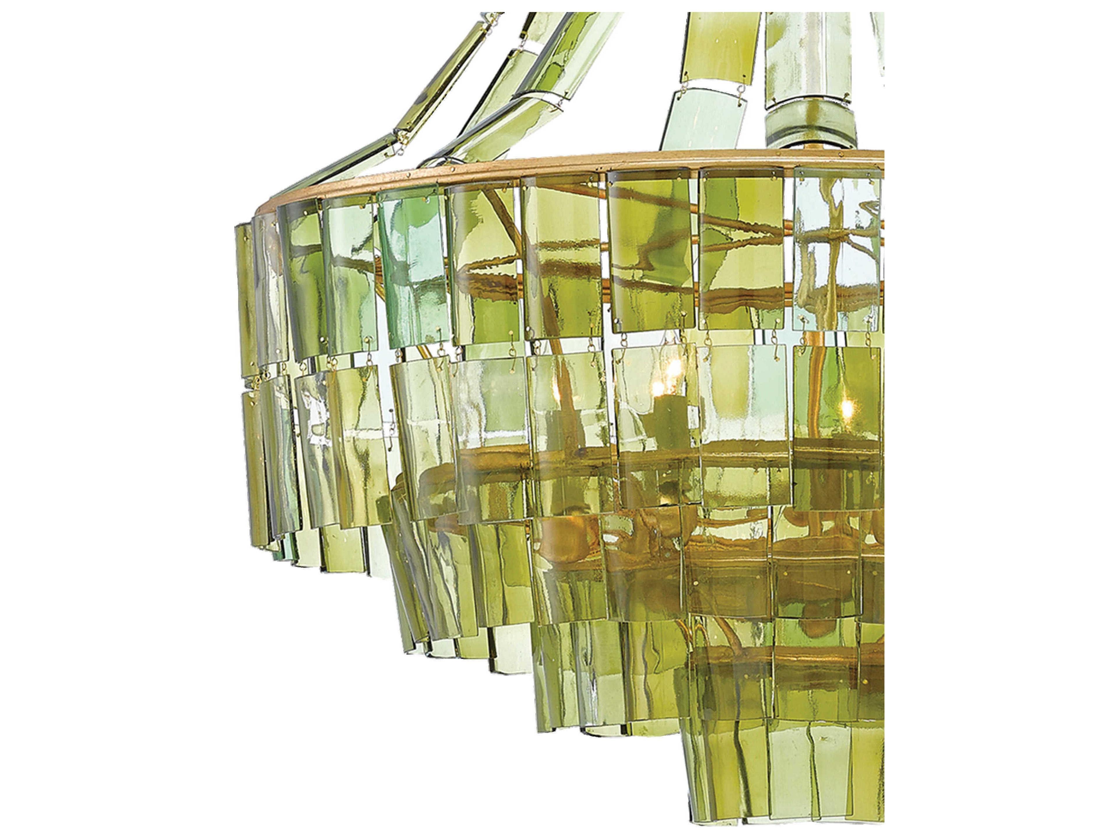 Currey & Company Vintner 7-Light Dark Contemporary Gold Leaf Green Glass Candelabra Geometric Chandelier