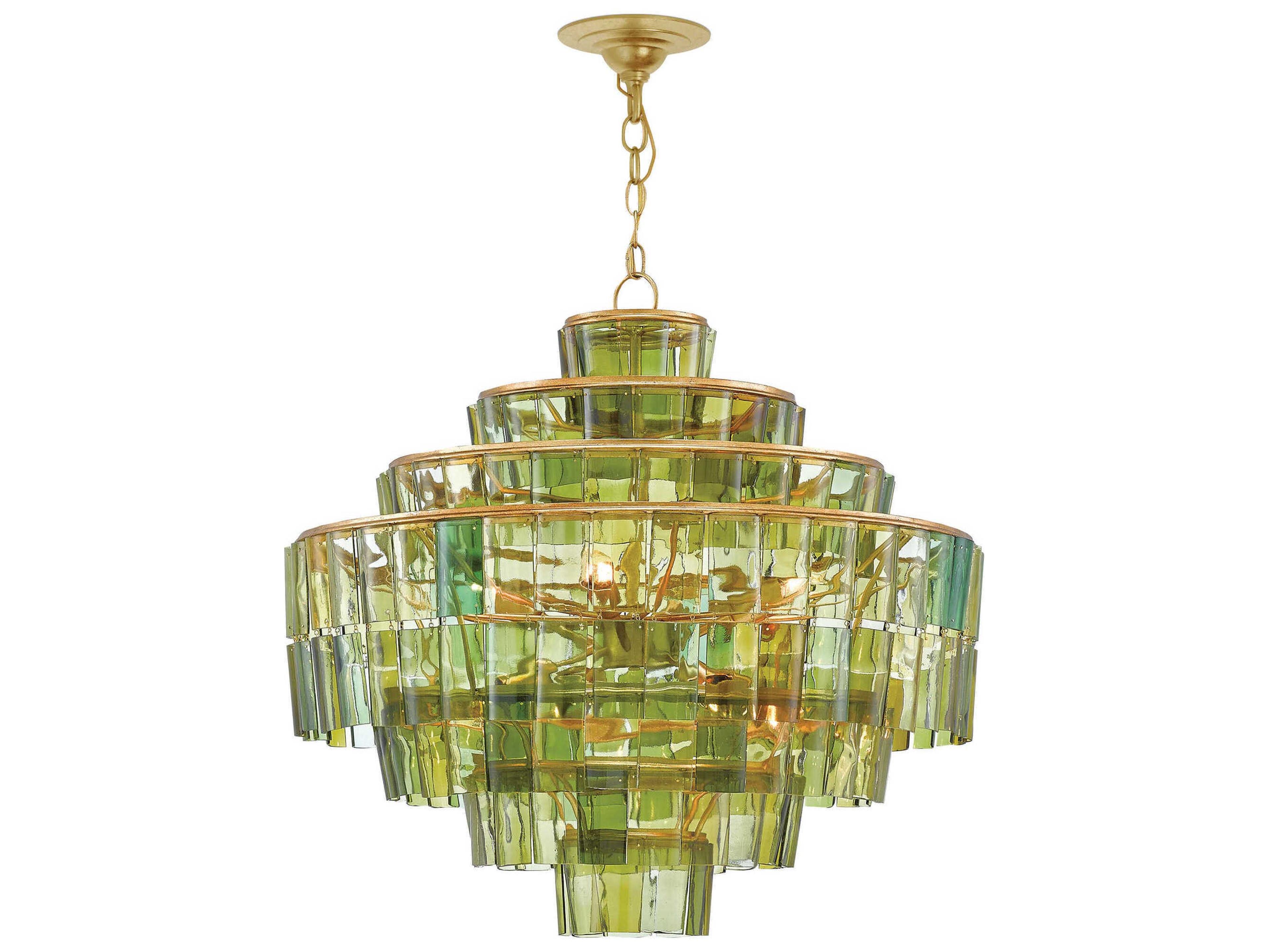 Currey & Company Sommelier 8-Light Dark Contemporary Gold Leaf Green Globe Tiered Chandelier