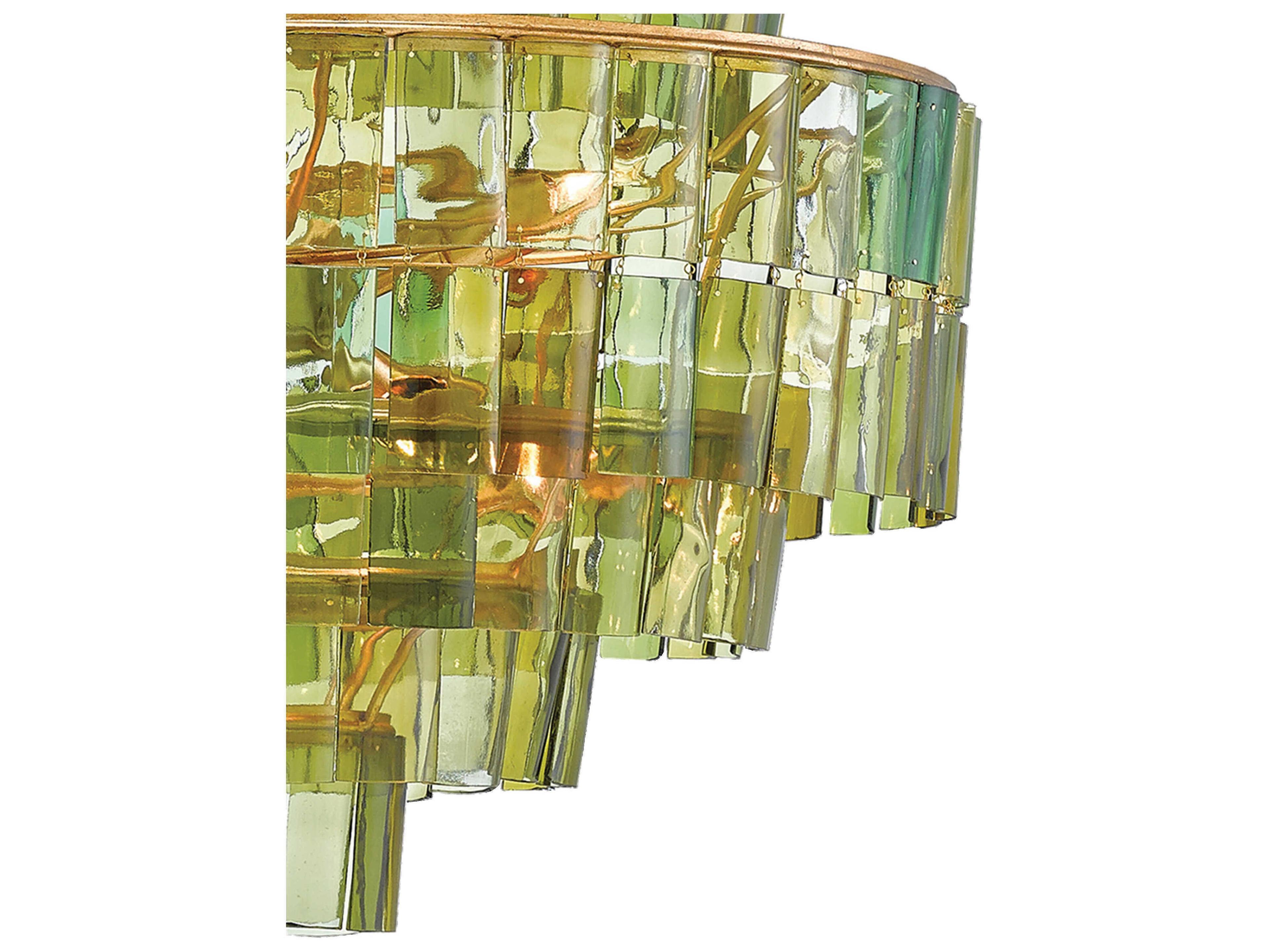 Currey & Company Sommelier 8-Light Dark Contemporary Gold Leaf Green Globe Tiered Chandelier