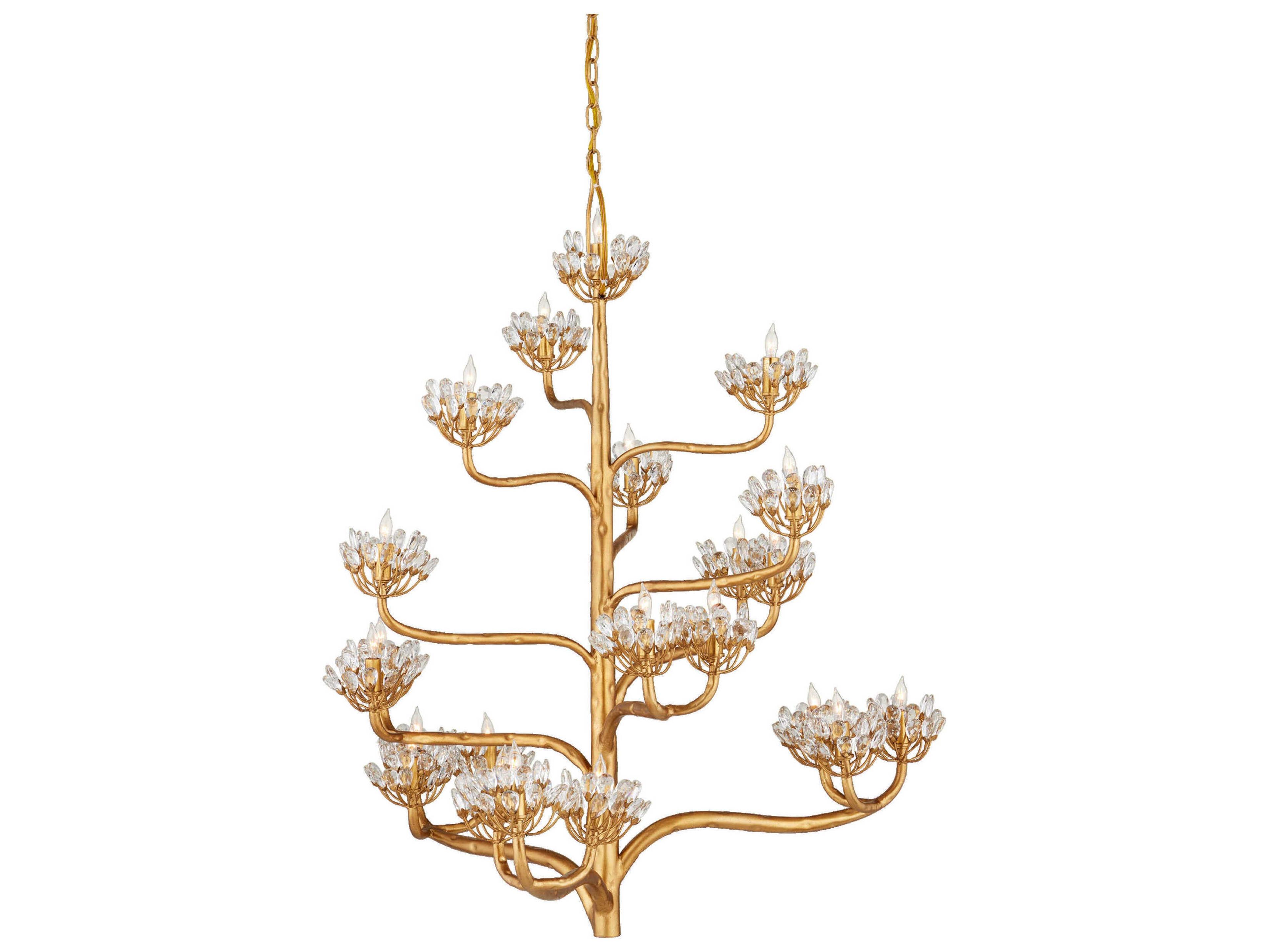 Currey & Company Agave Americana 22-Light Dark Contemporary Gold Leaf Crystal Tiered Chandelier