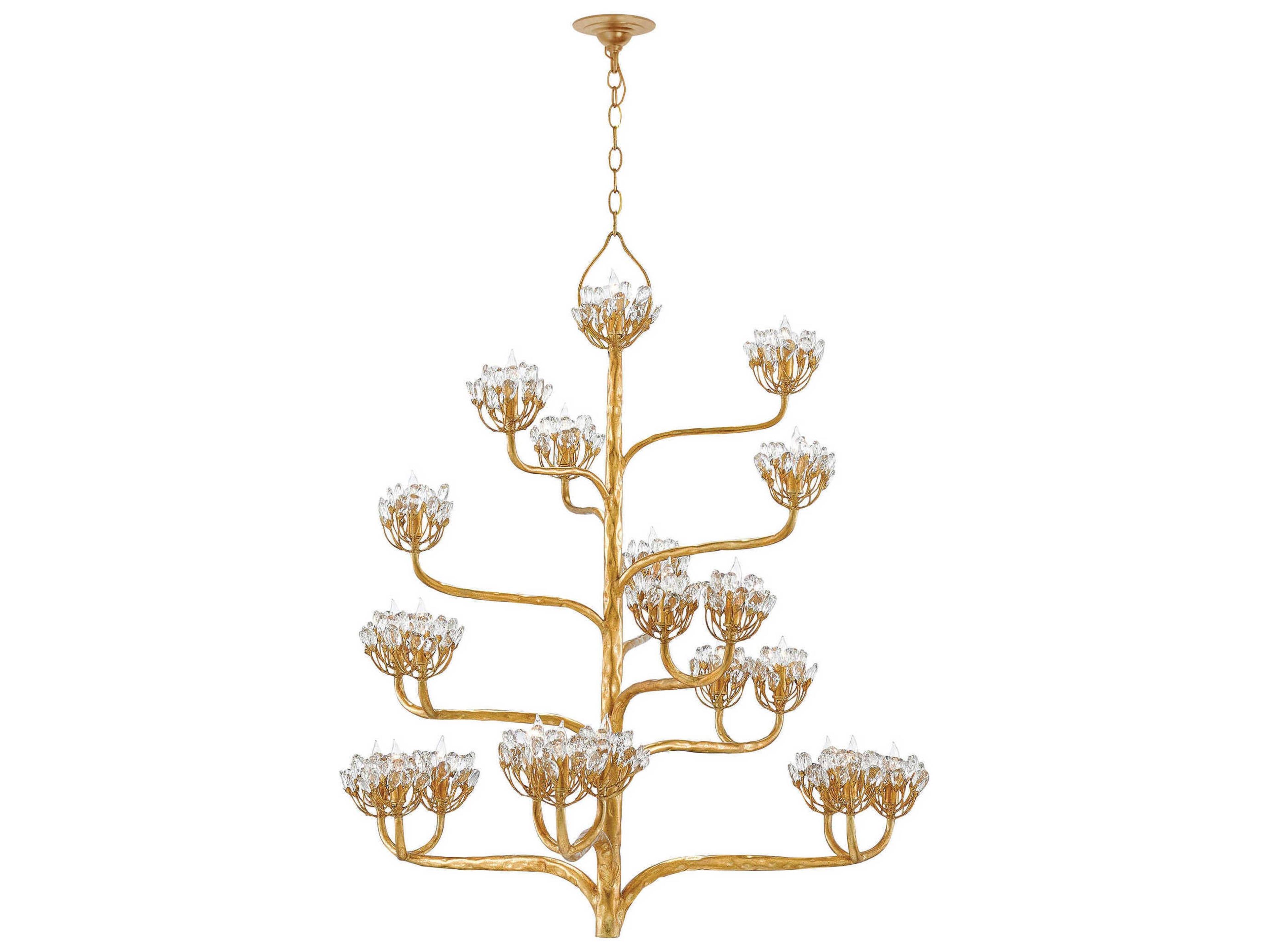 Currey & Company Agave Americana 22-Light Dark Contemporary Gold Leaf Crystal Tiered Chandelier