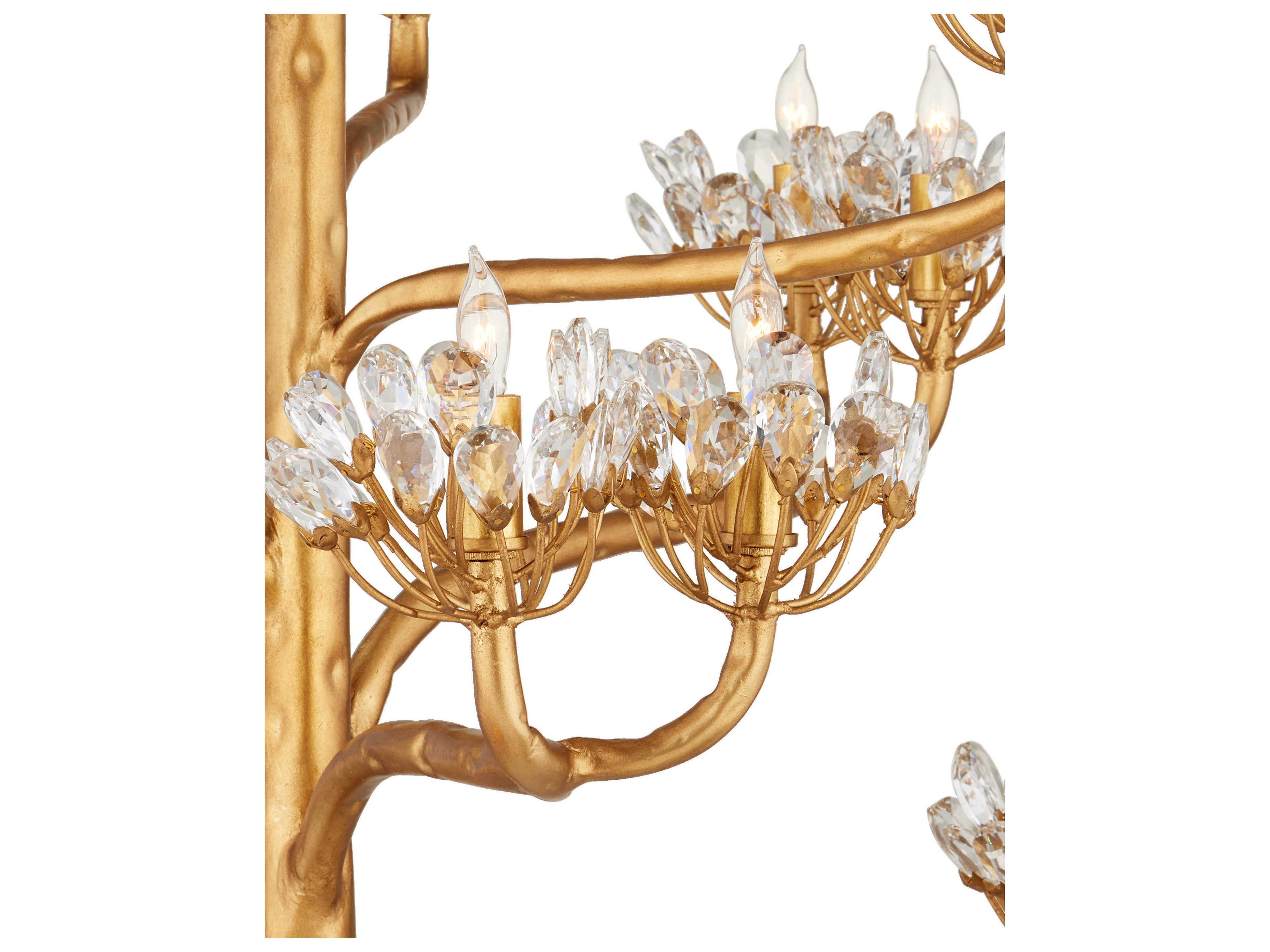 Currey & Company Agave Americana 22-Light Dark Contemporary Gold Leaf Crystal Tiered Chandelier
