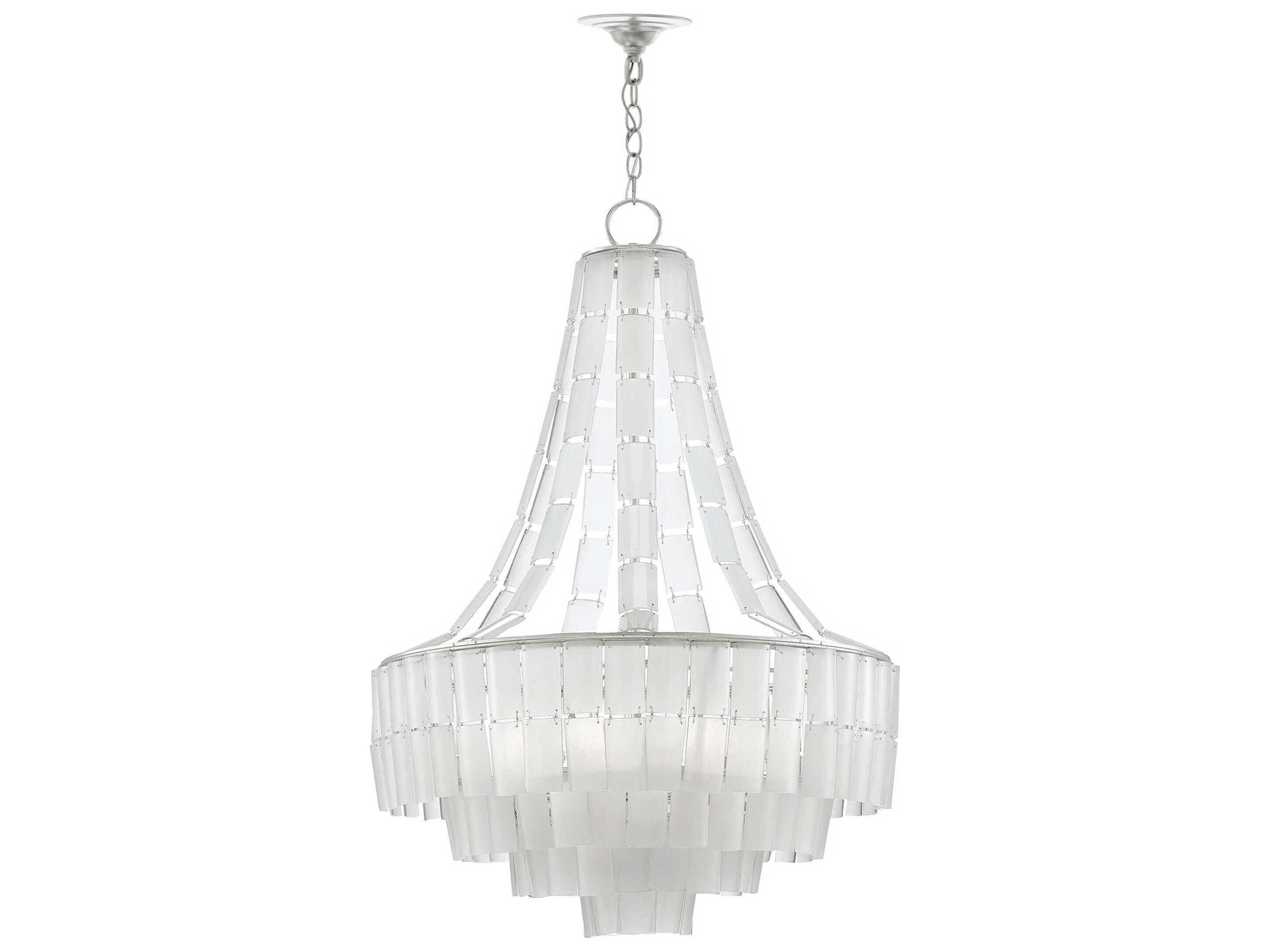 Currey & Company Vintner 7-Light Contemporary Silver Leaf Opaque White Glass Candelabra Globe Tiered Chandelier
