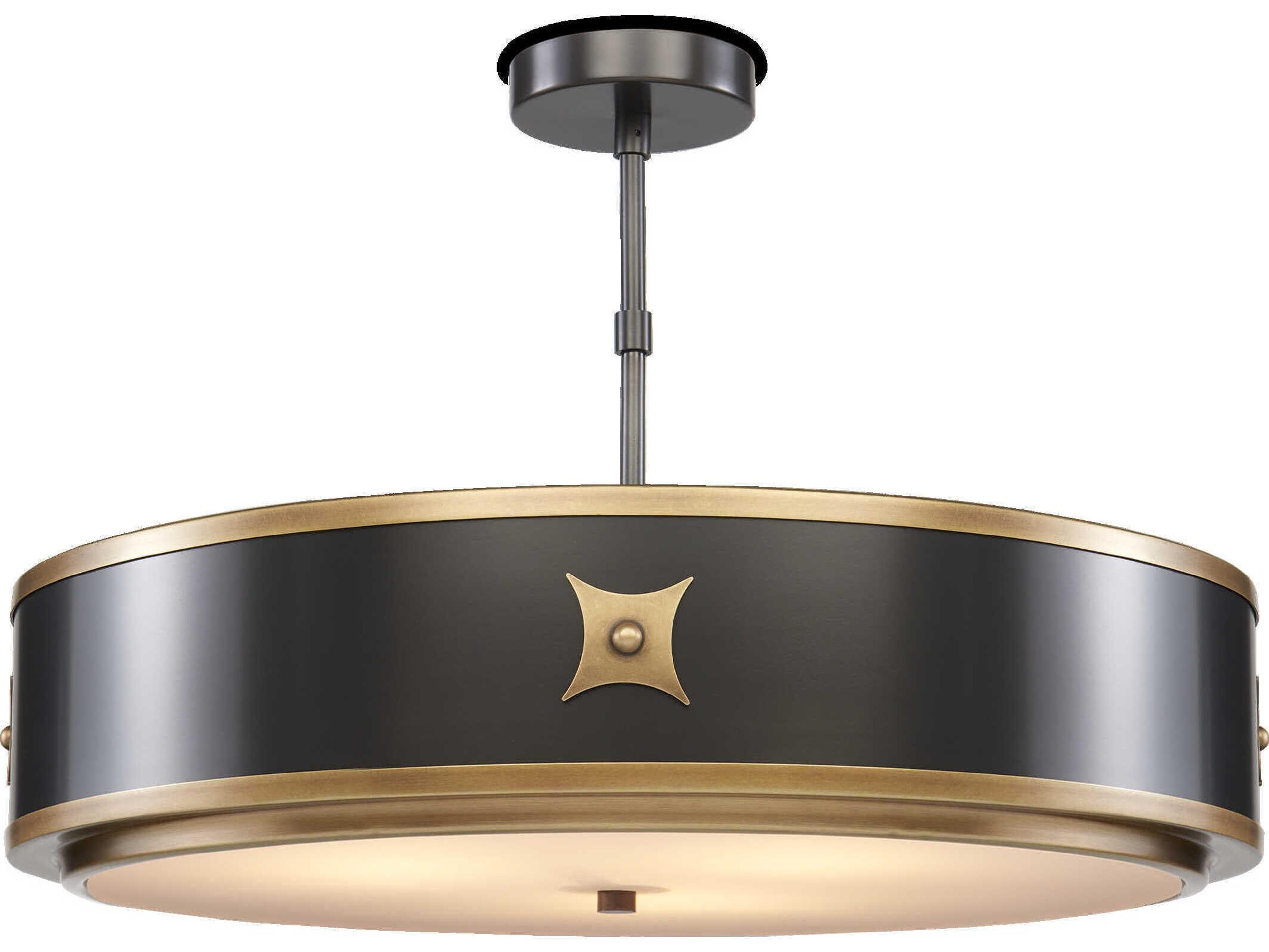 Currey & Company Huntsman Satin Black Antique Brass White Glass Drum Semi Flush Mount