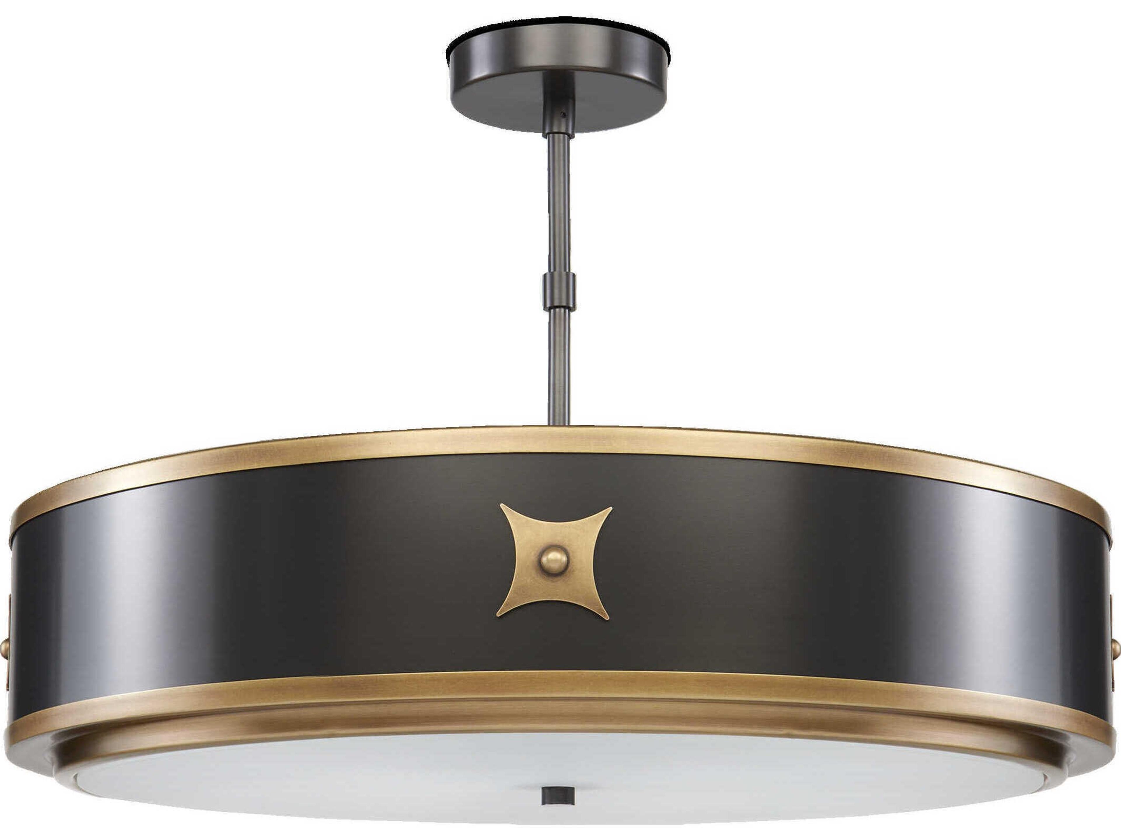 Currey & Company Huntsman Satin Black Antique Brass White Glass Drum Semi Flush Mount