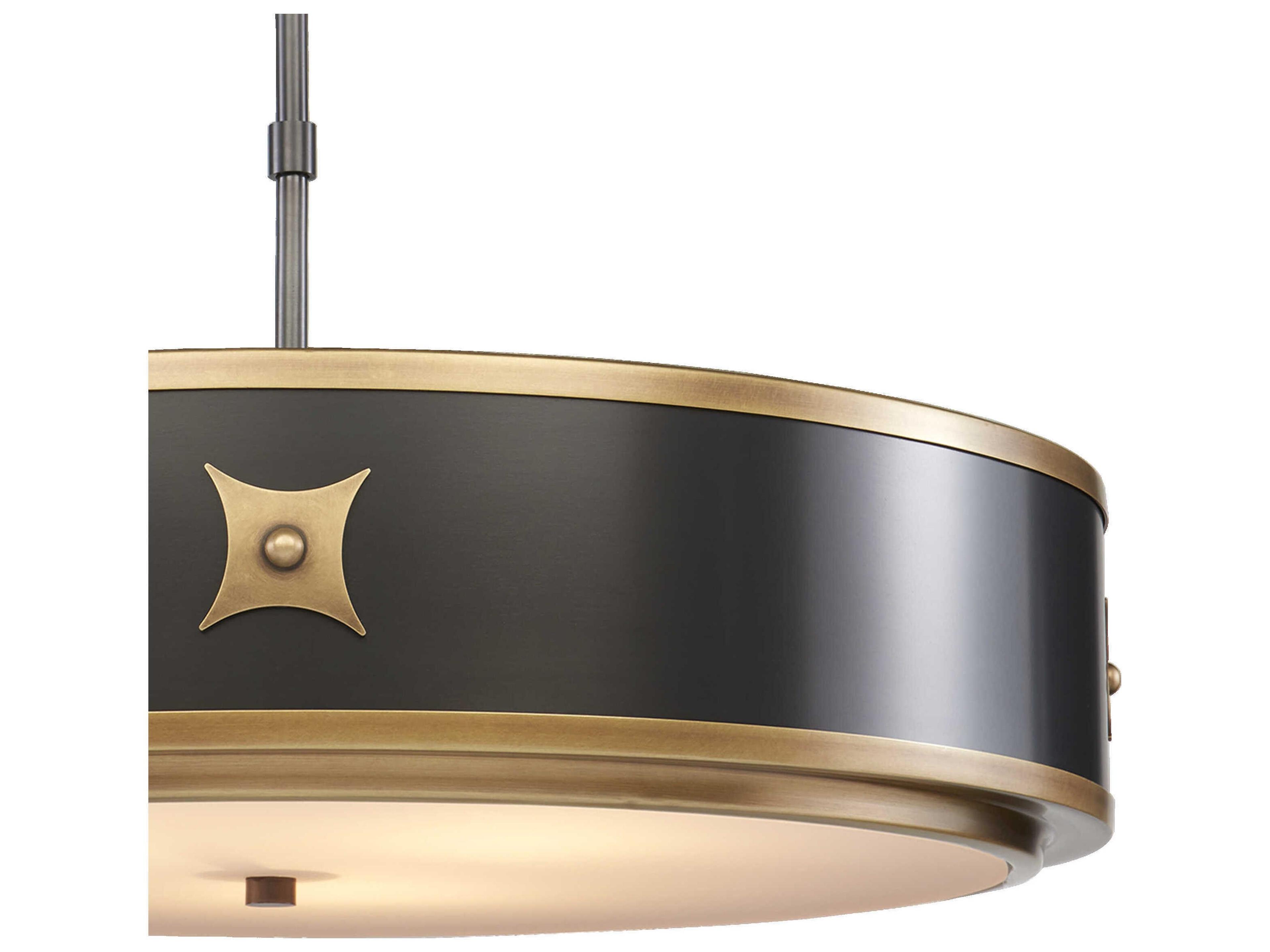 Currey & Company Huntsman Satin Black Antique Brass White Glass Drum Semi Flush Mount