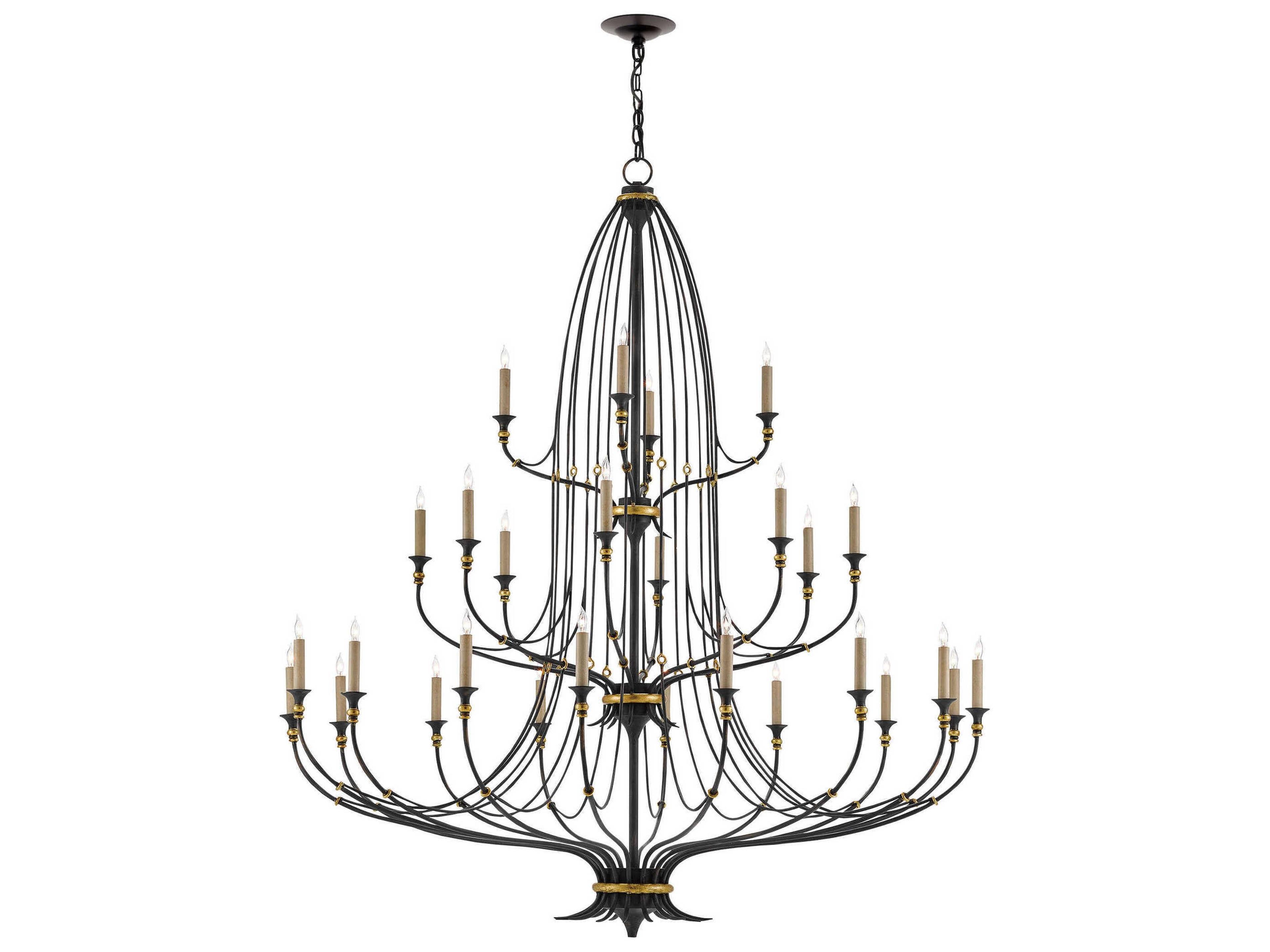 Currey & Company Folgate 28-Light French Black Gold Leaf Candelabra Tiered Chandelier