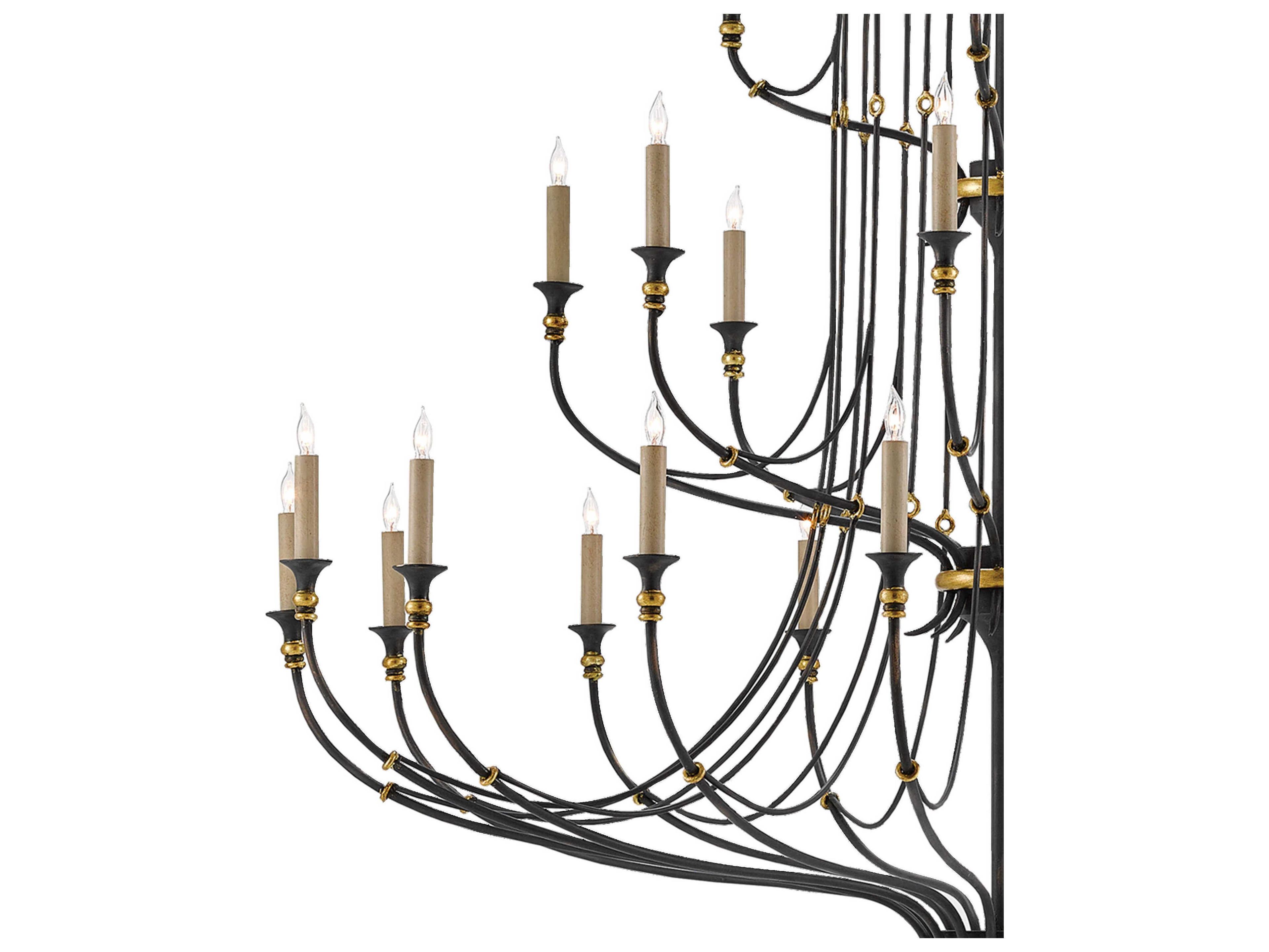 Currey & Company Folgate 28-Light French Black Gold Leaf Candelabra Tiered Chandelier