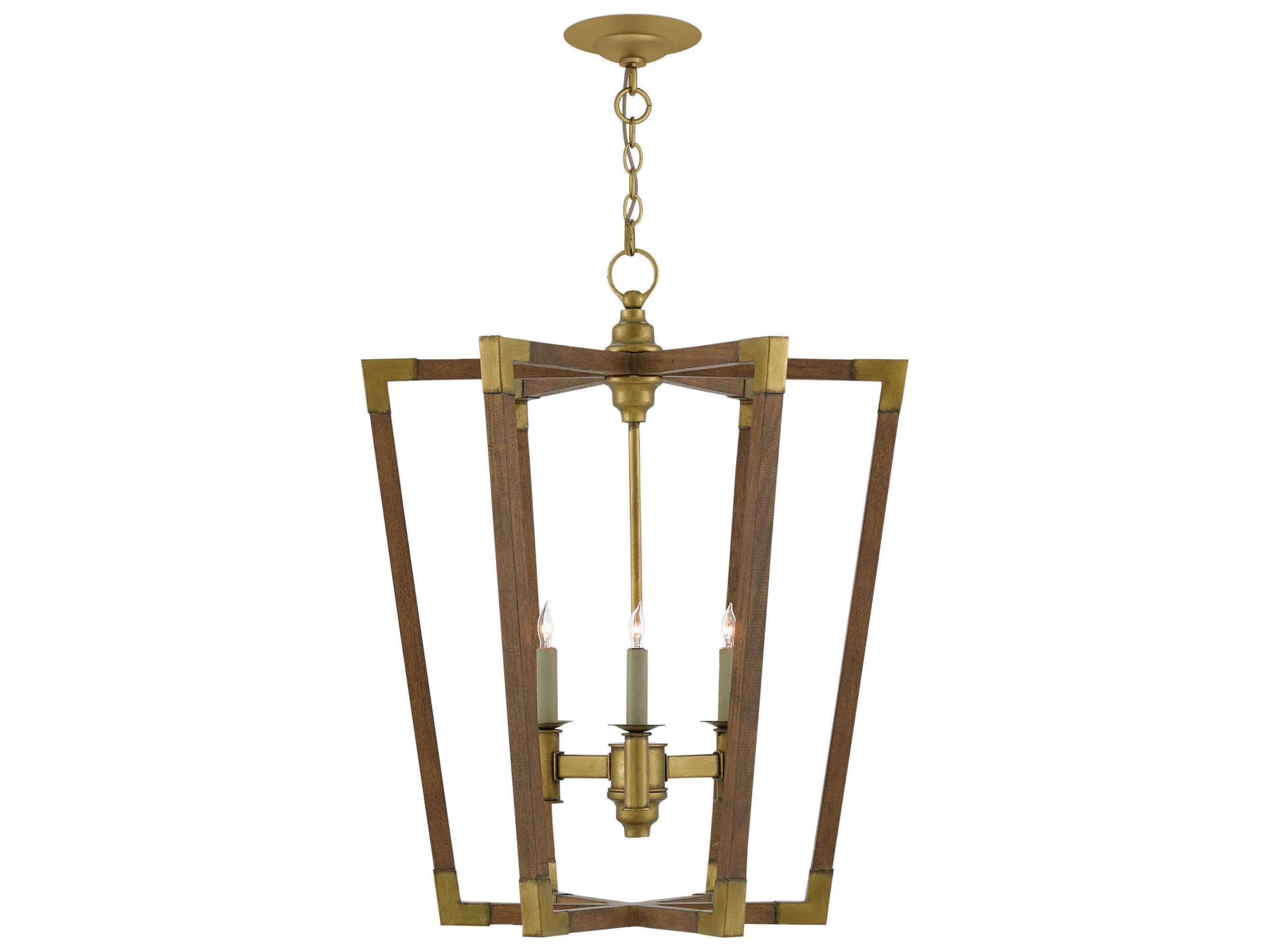 Currey & Company Bastian 3-Light Chestnut Brass Wood Candelabra Geometric Chandelier