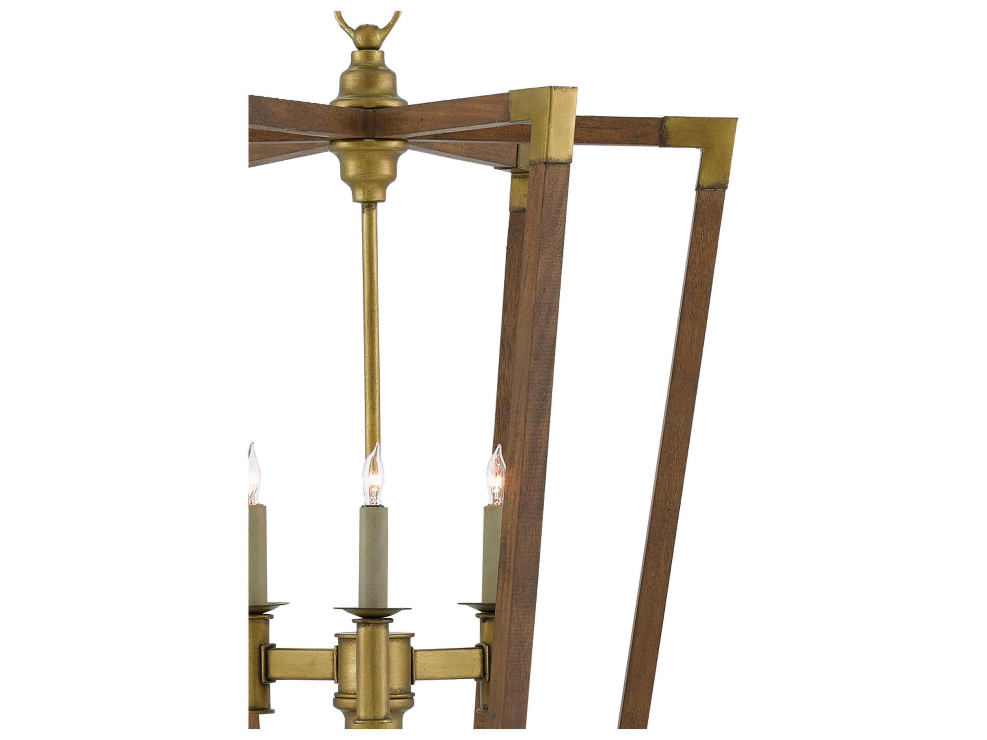 Currey & Company Bastian 3-Light Chestnut Brass Wood Candelabra Geometric Chandelier