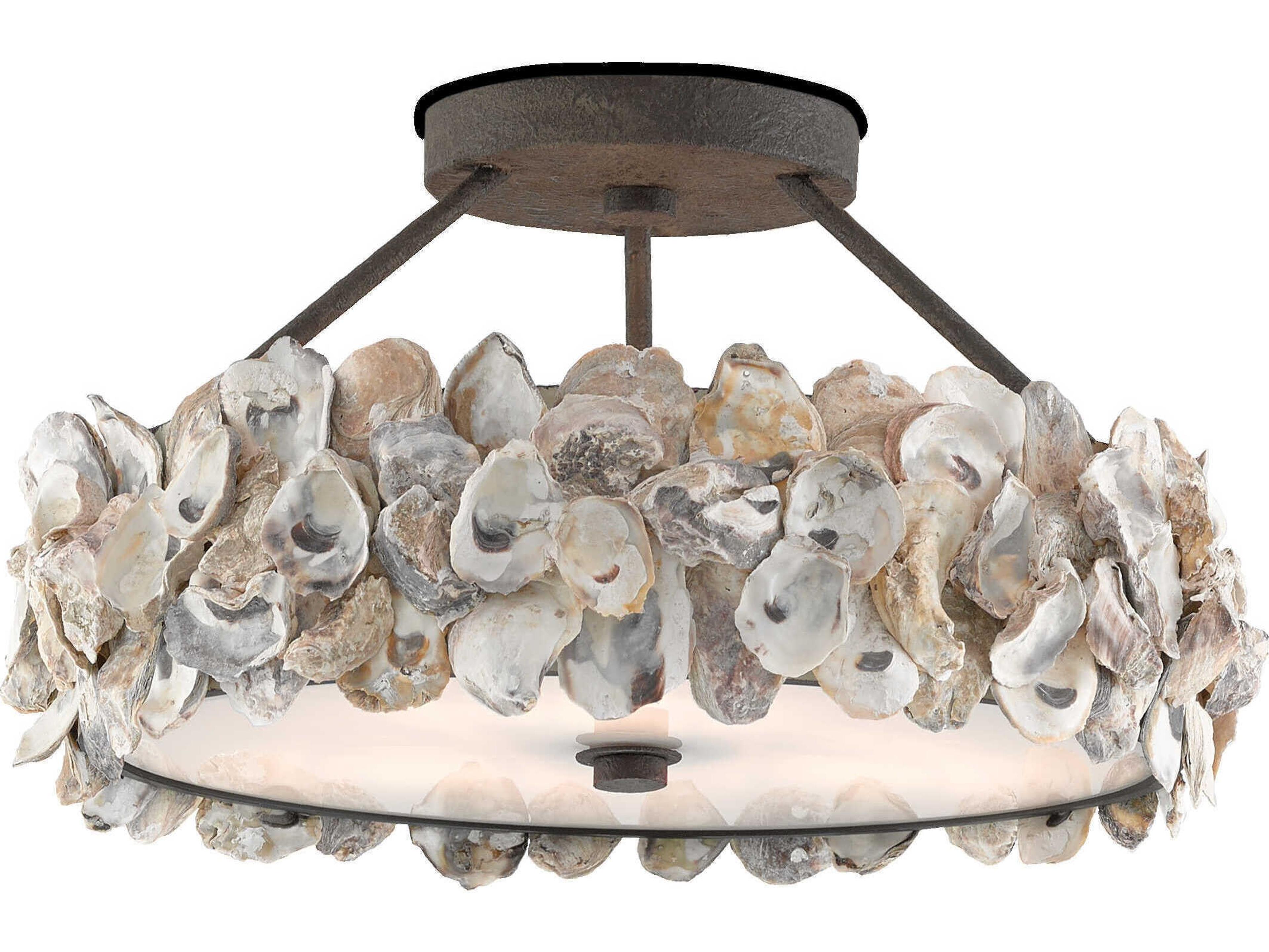 Currey & Company Oyster 3-Light Textured Bronze Natural Geometric Round Semi Flush Mount