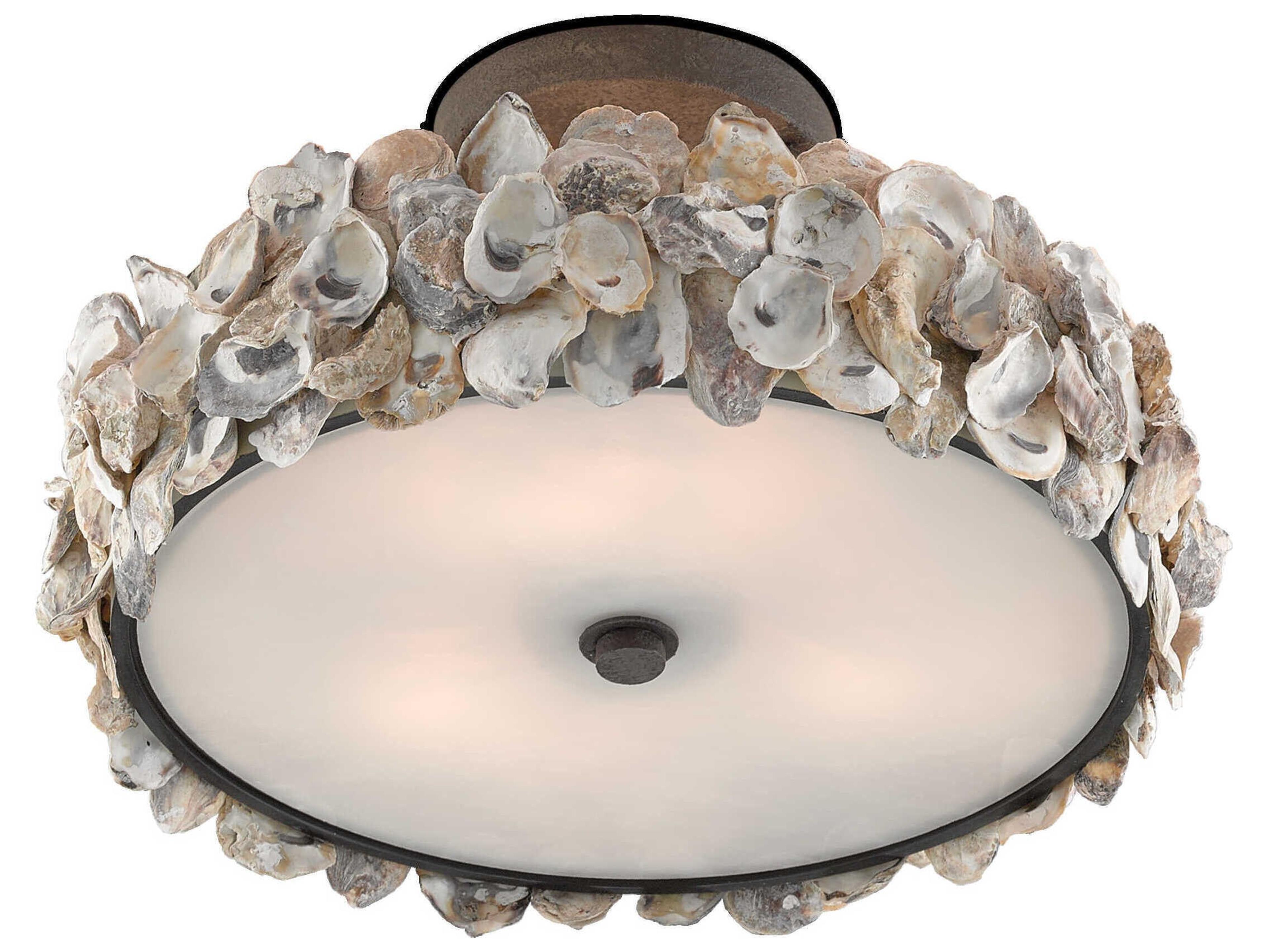 Currey & Company Oyster 3-Light Textured Bronze Natural Geometric Round Semi Flush Mount