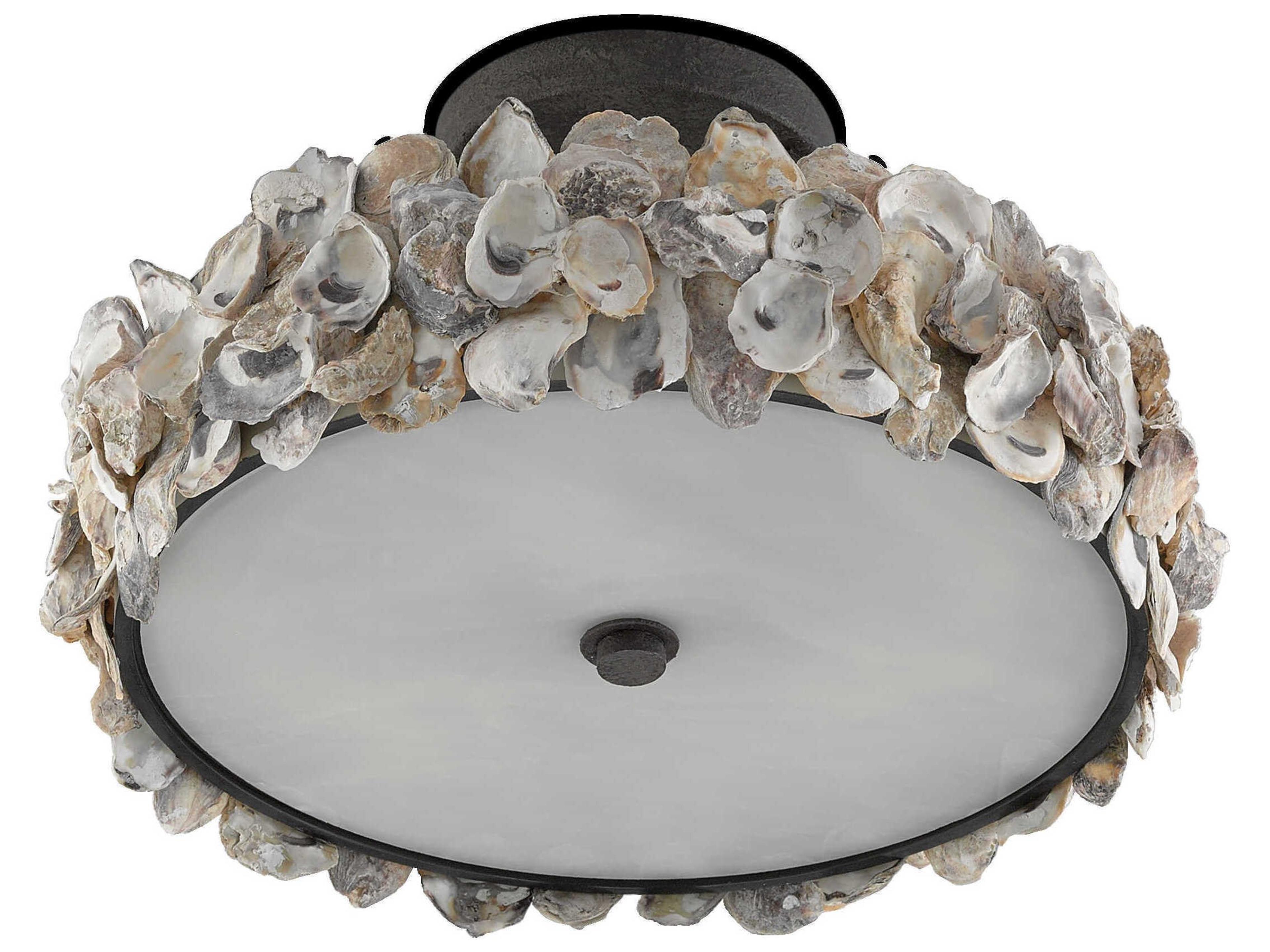 Currey & Company Oyster 3-Light Textured Bronze Natural Geometric Round Semi Flush Mount