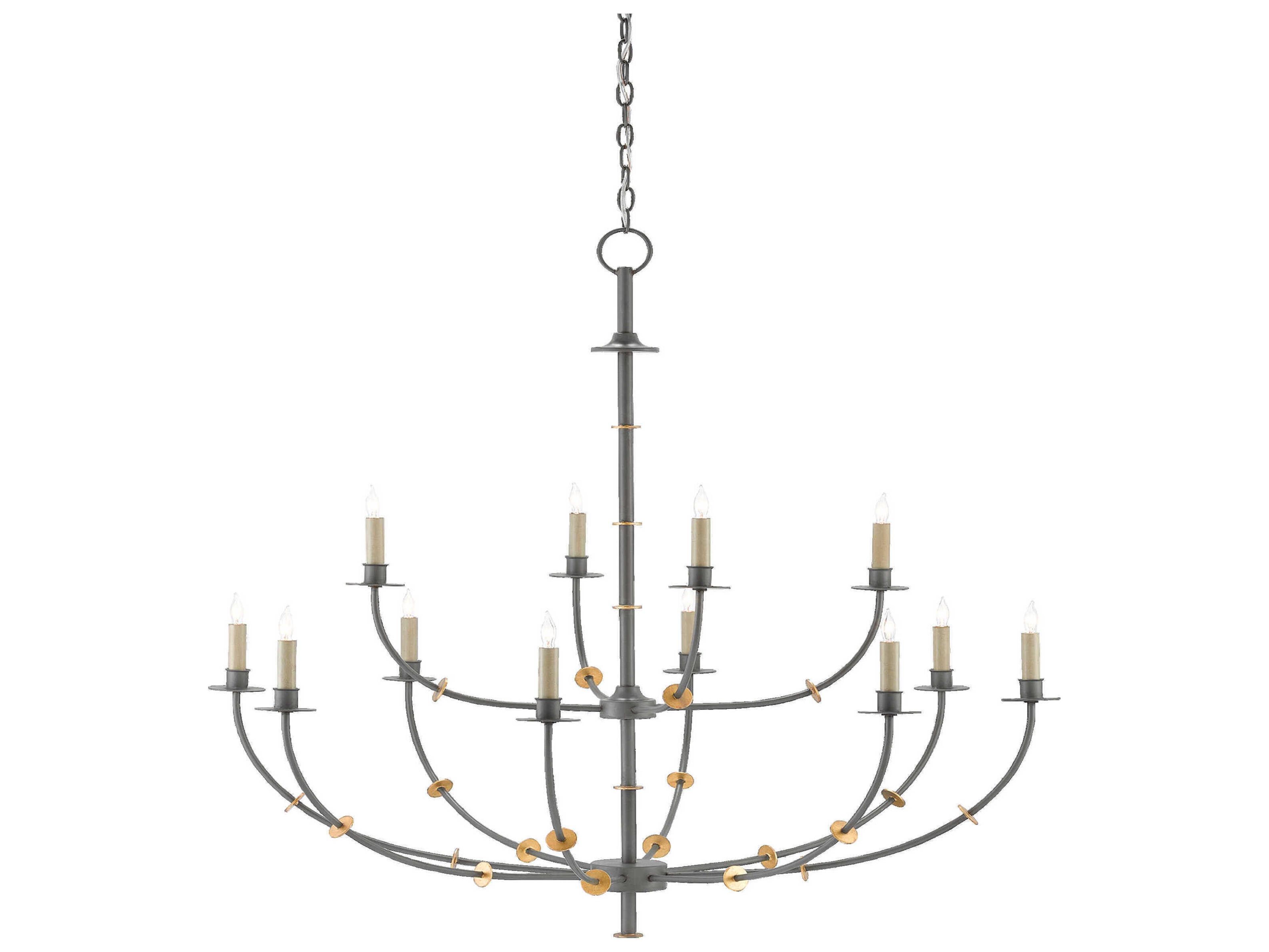 Currey & Company Balladier 12-Light Hiroshi Gray Contemporary Gold Leaf Tiered Chandelier