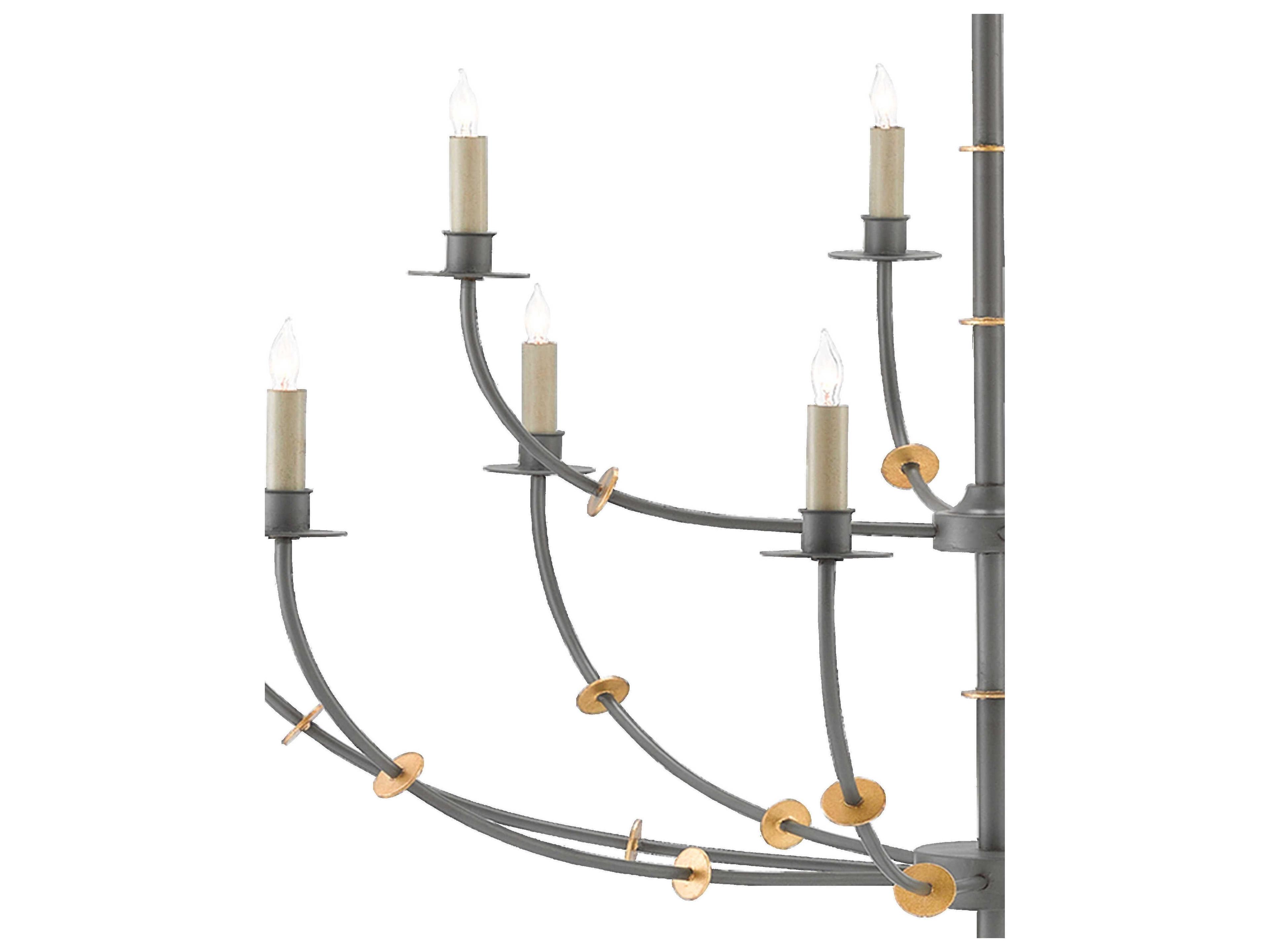 Currey & Company Balladier 12-Light Hiroshi Gray Contemporary Gold Leaf Tiered Chandelier