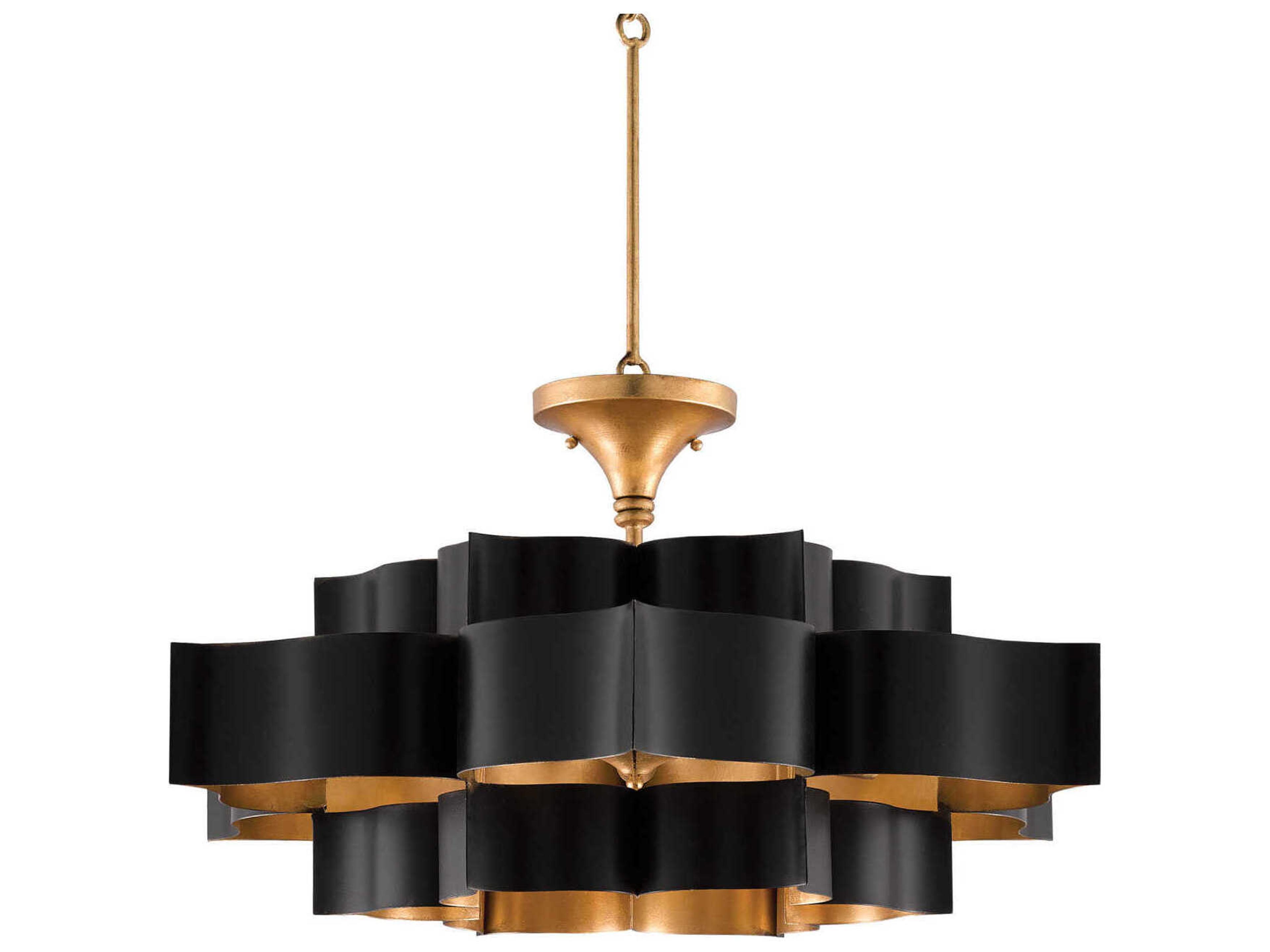 Currey & Company Grand Lotus 6-Light Satin Black Contemporary Gold Leaf Pendant