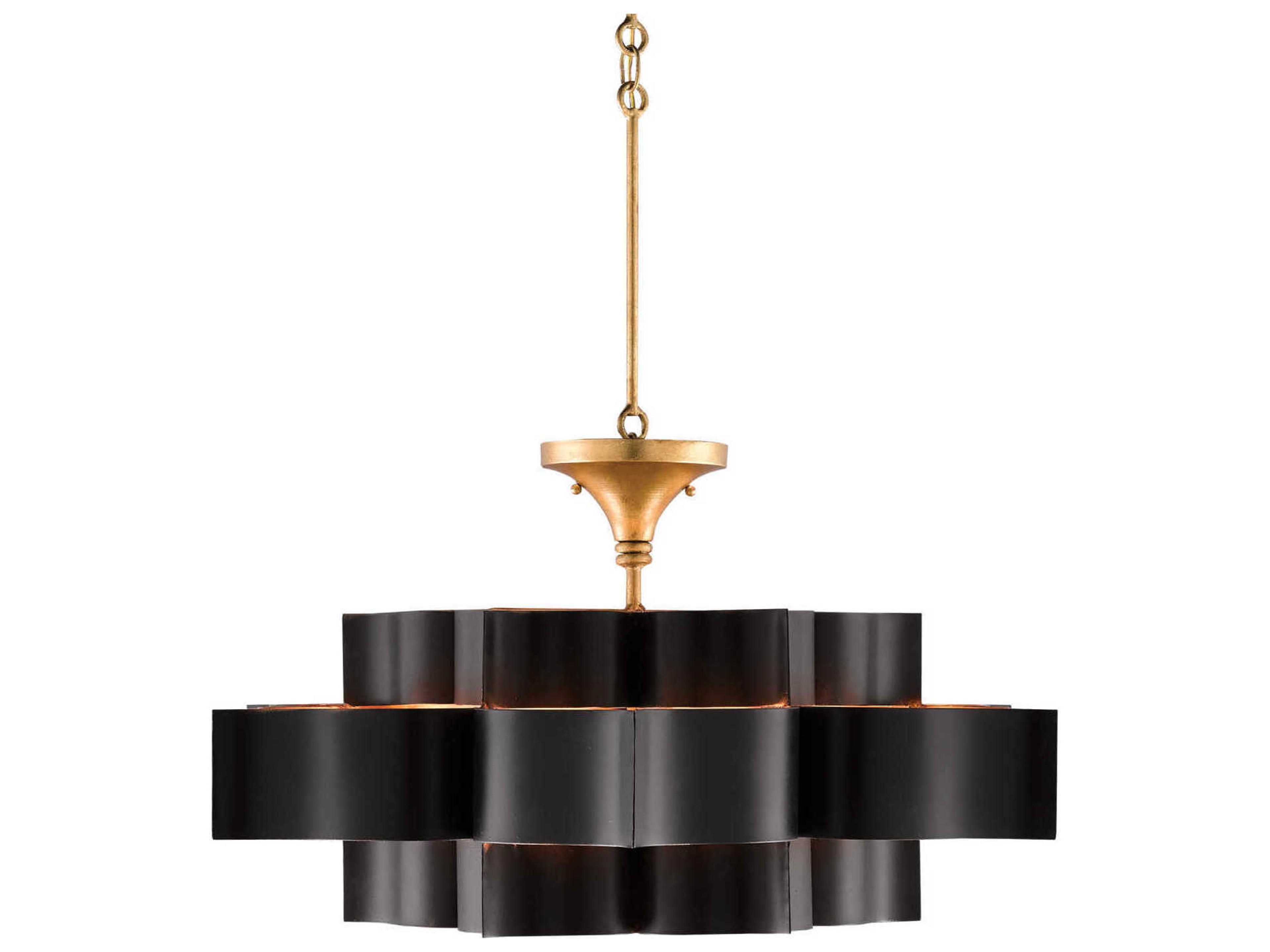 Currey & Company Grand Lotus 6-Light Satin Black Contemporary Gold Leaf Pendant