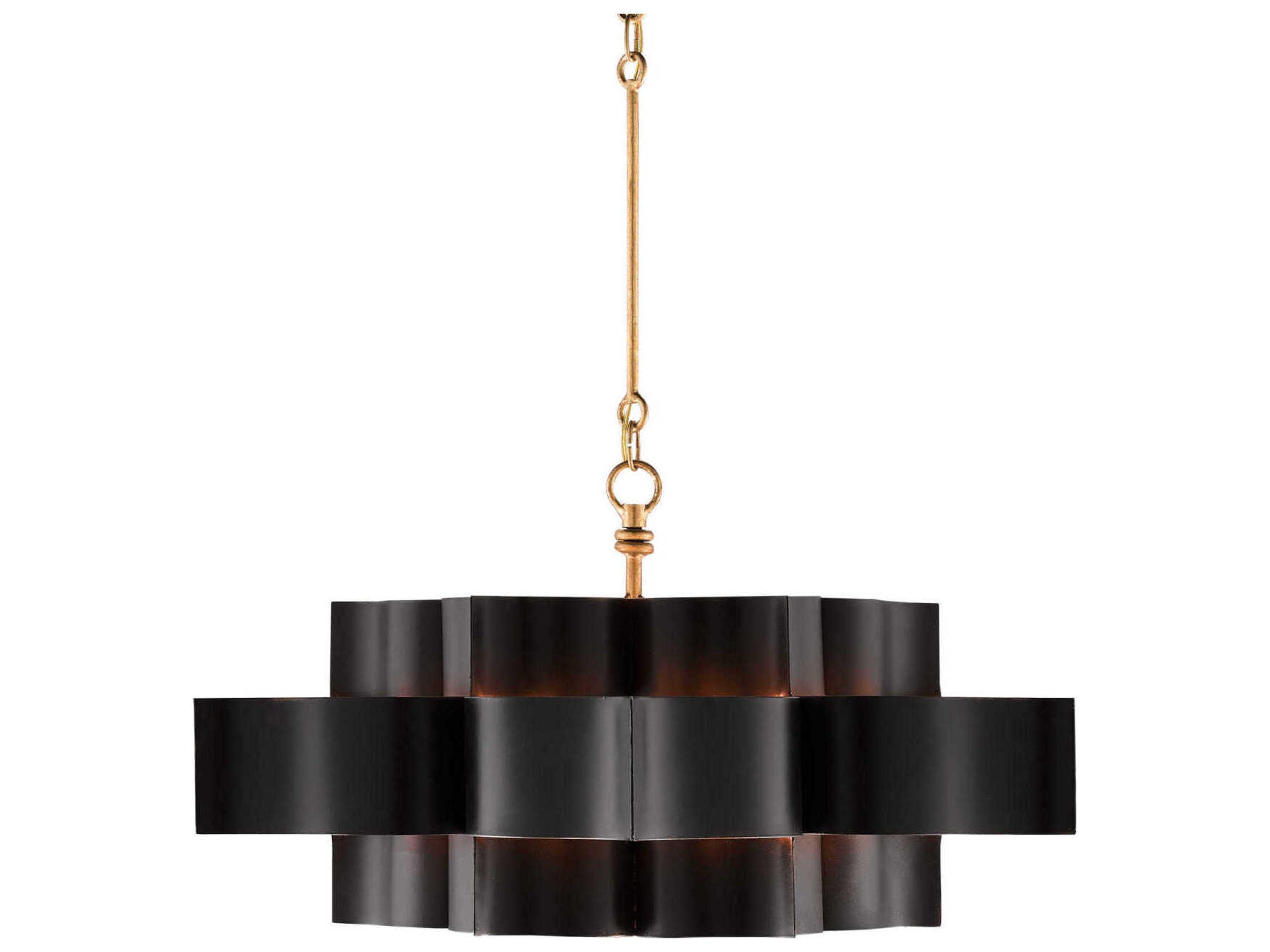 Currey & Company Grand Lotus 6-Light Satin Black Contemporary Gold Leaf Pendant