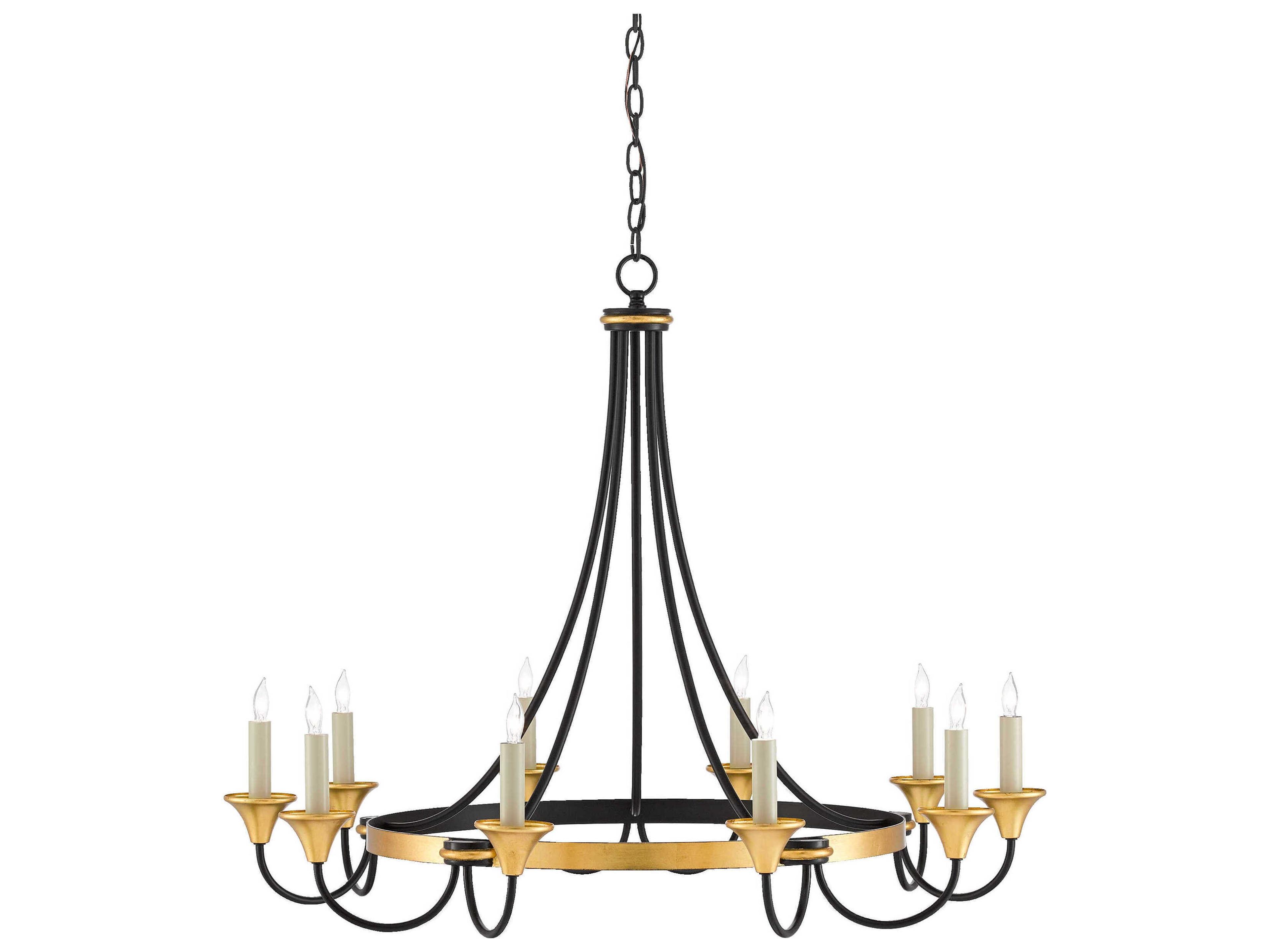 Currey & Company Hanlon 10-Light Washed Black Contemporary Gold Leaf Candelabra Round Chandelier