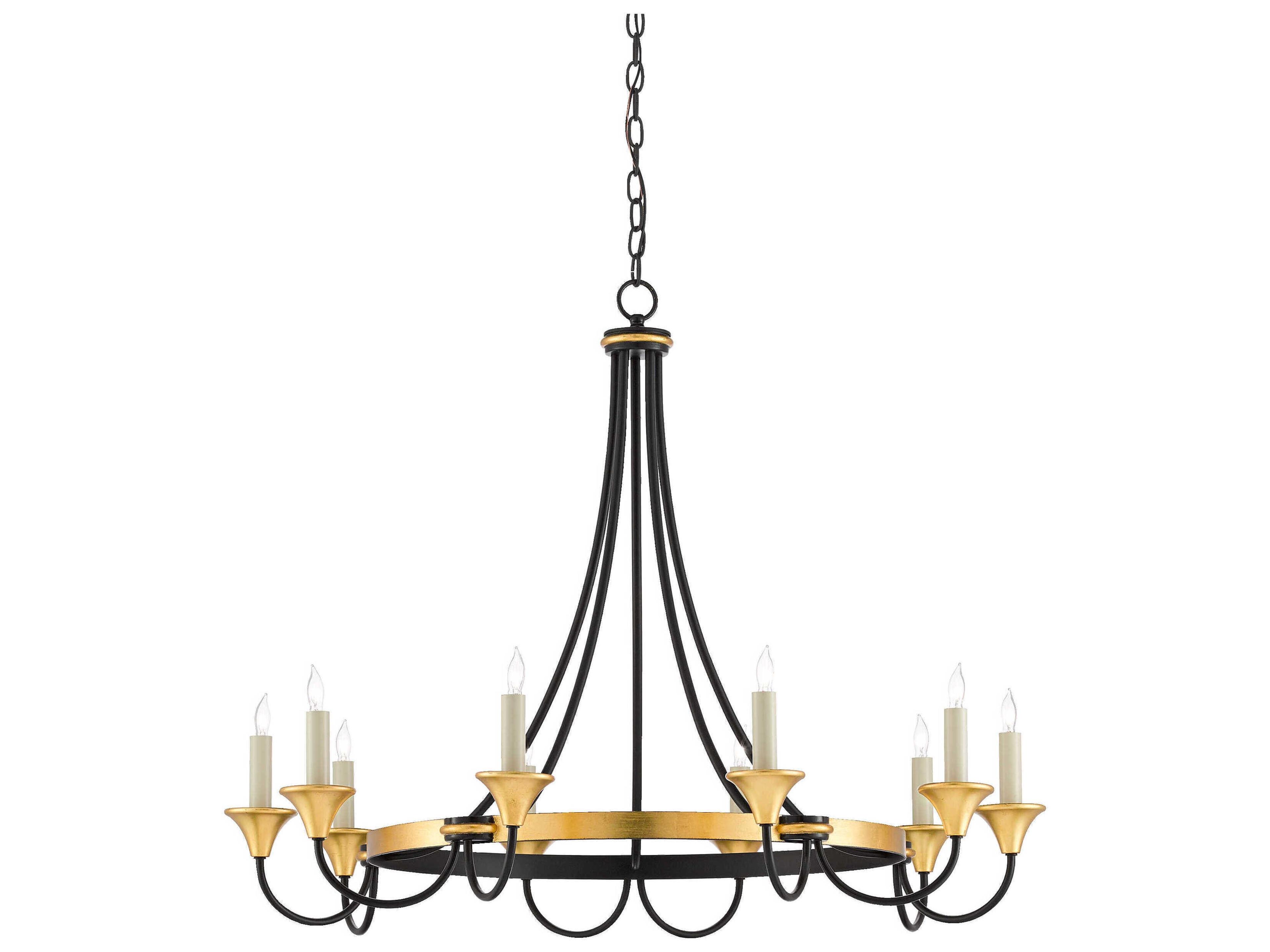 Currey & Company Hanlon 10-Light Washed Black Contemporary Gold Leaf Candelabra Round Chandelier