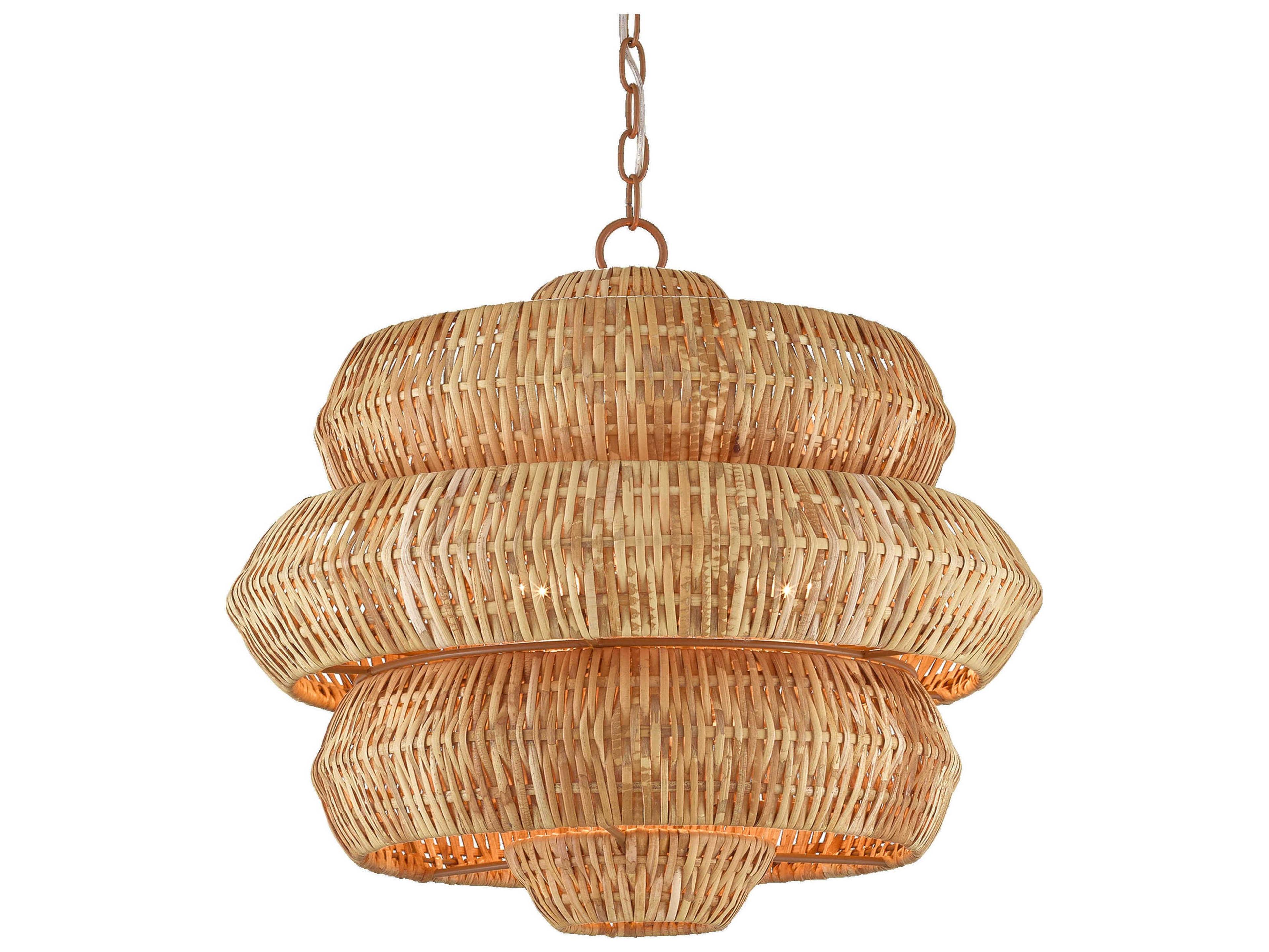 Currey & Company Antibes 3-Light Khaki Natural Rattan Brown Pendant