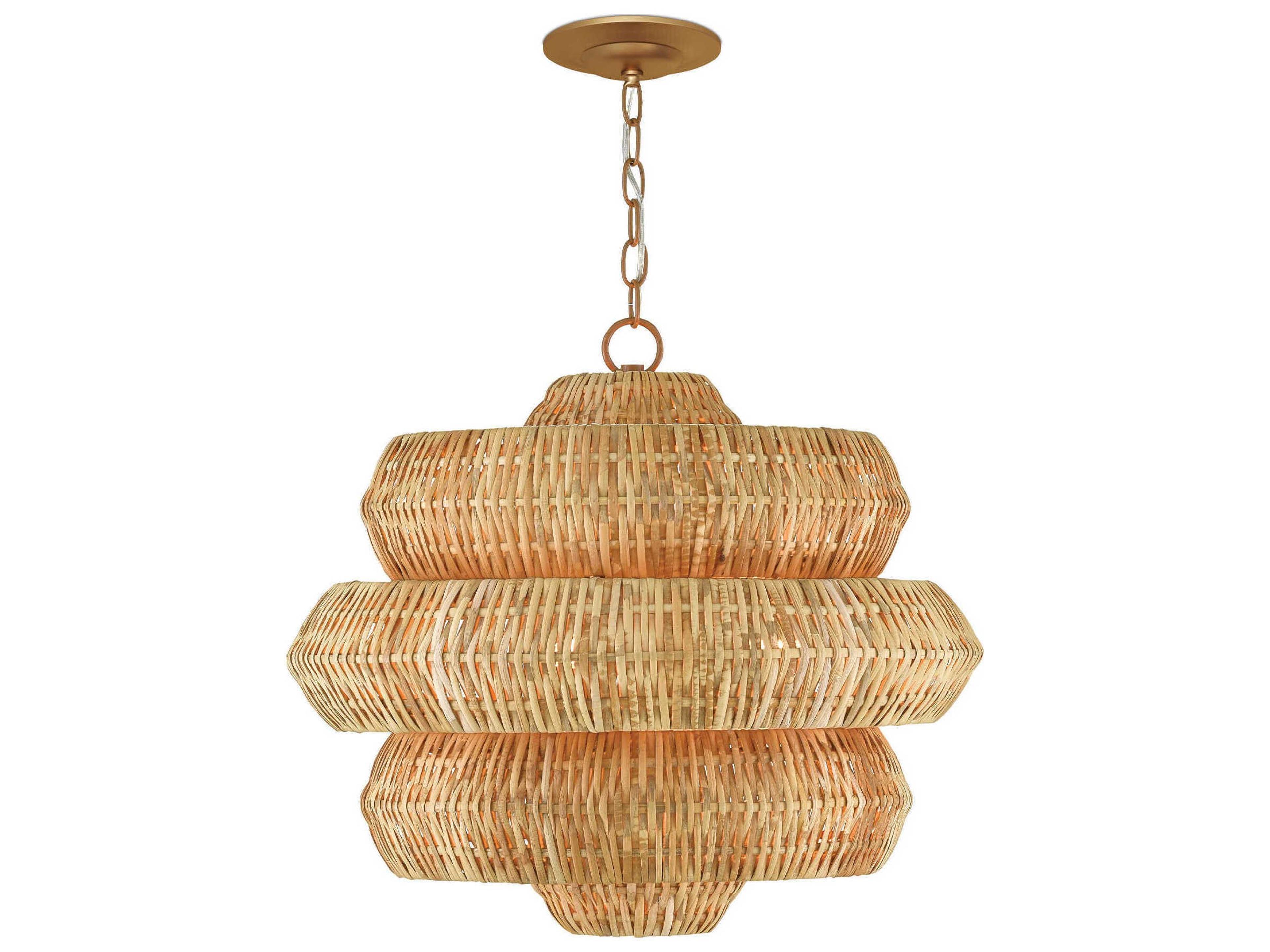 Currey & Company Antibes 3-Light Khaki Natural Rattan Brown Pendant