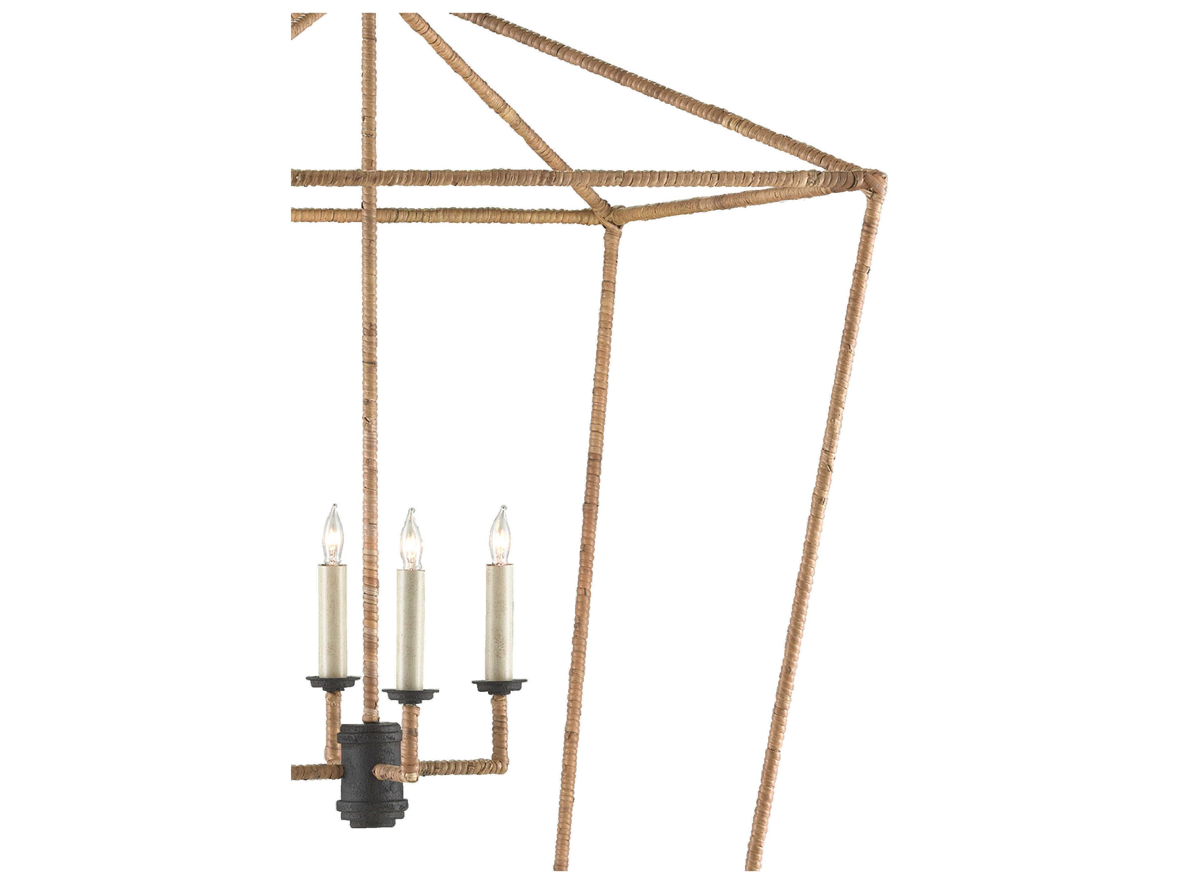 Currey & Company Denison 4-Light Mole Black Natural Rattan Brown Candelabra Chandelier