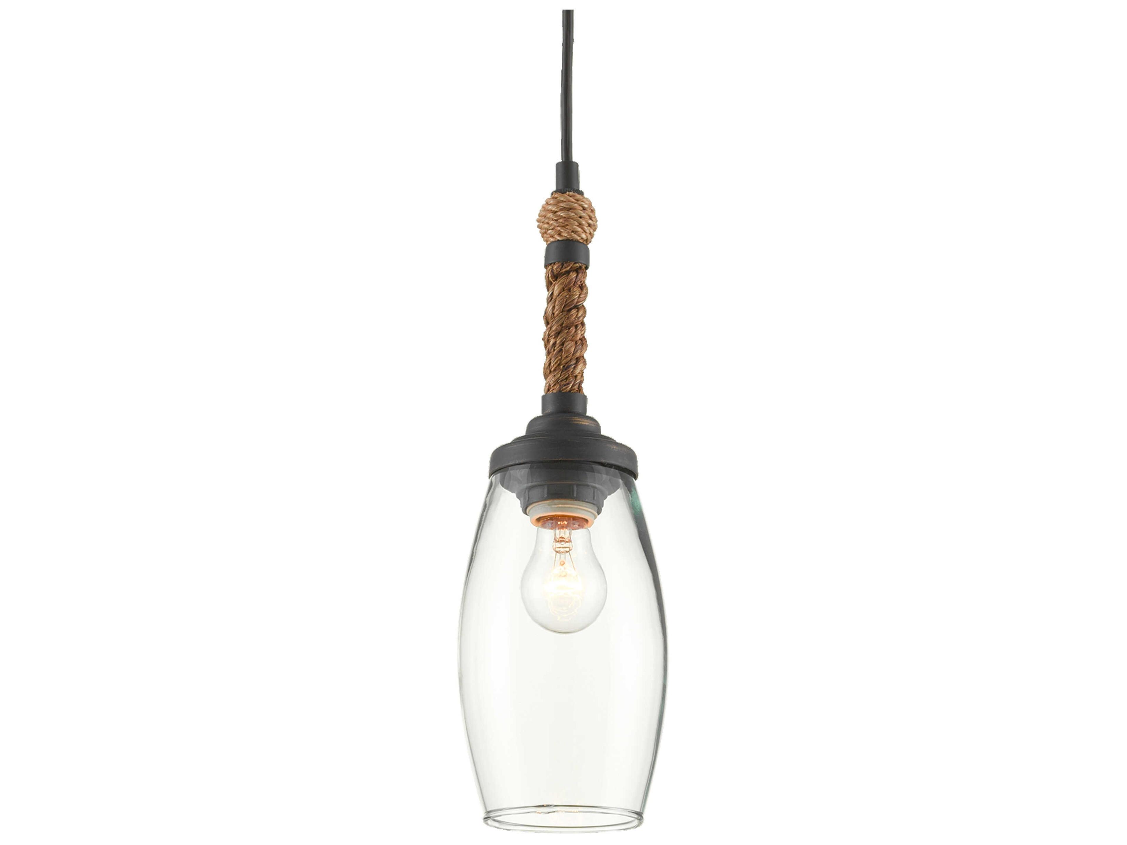 Currey & Company Hightider 1-Light French Black Natural Rope Brown Glass Mini Pendant