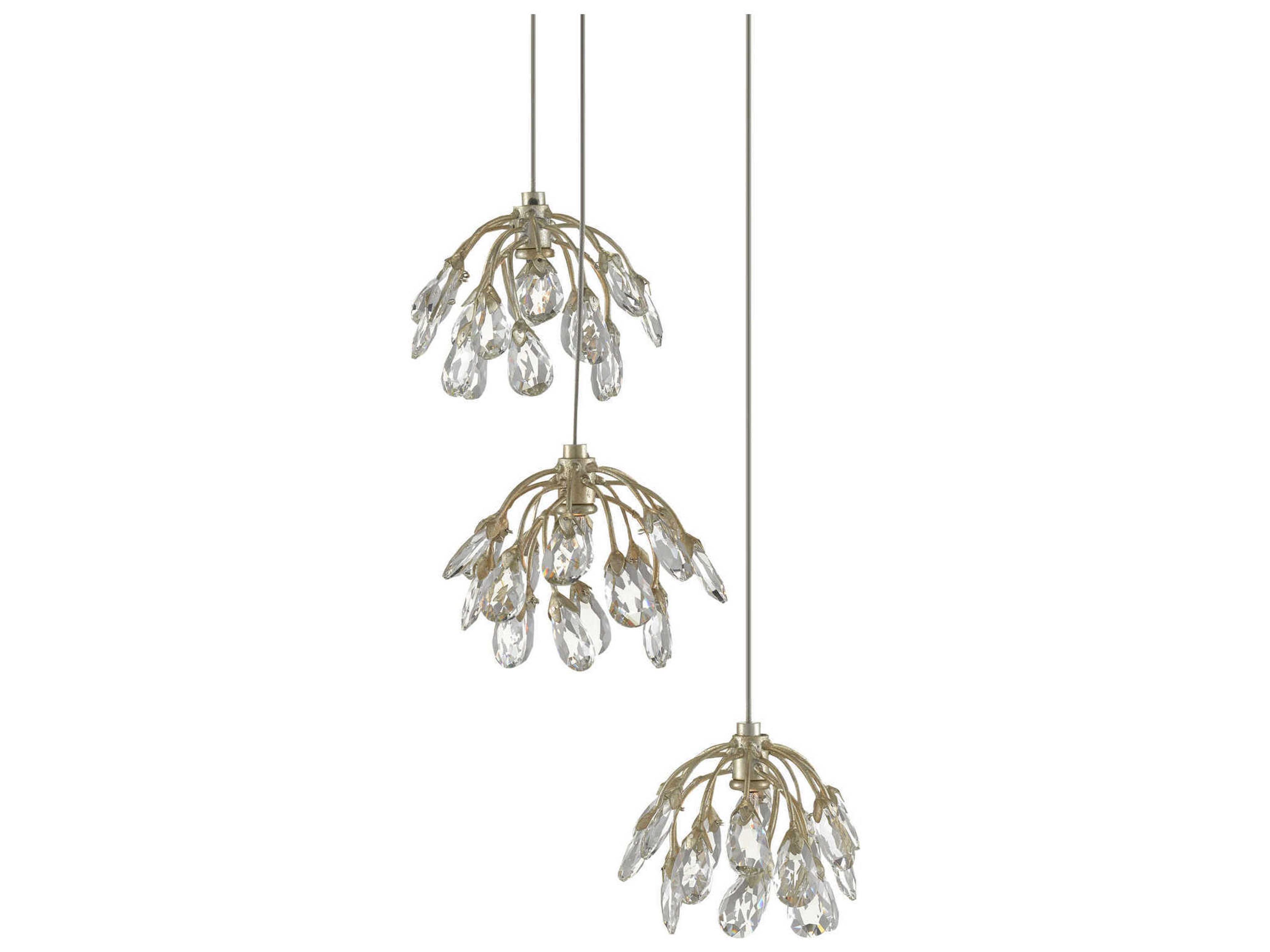 Currey & Company Crystal Bud 3-Light Painted Silver Bell Mini Pendant