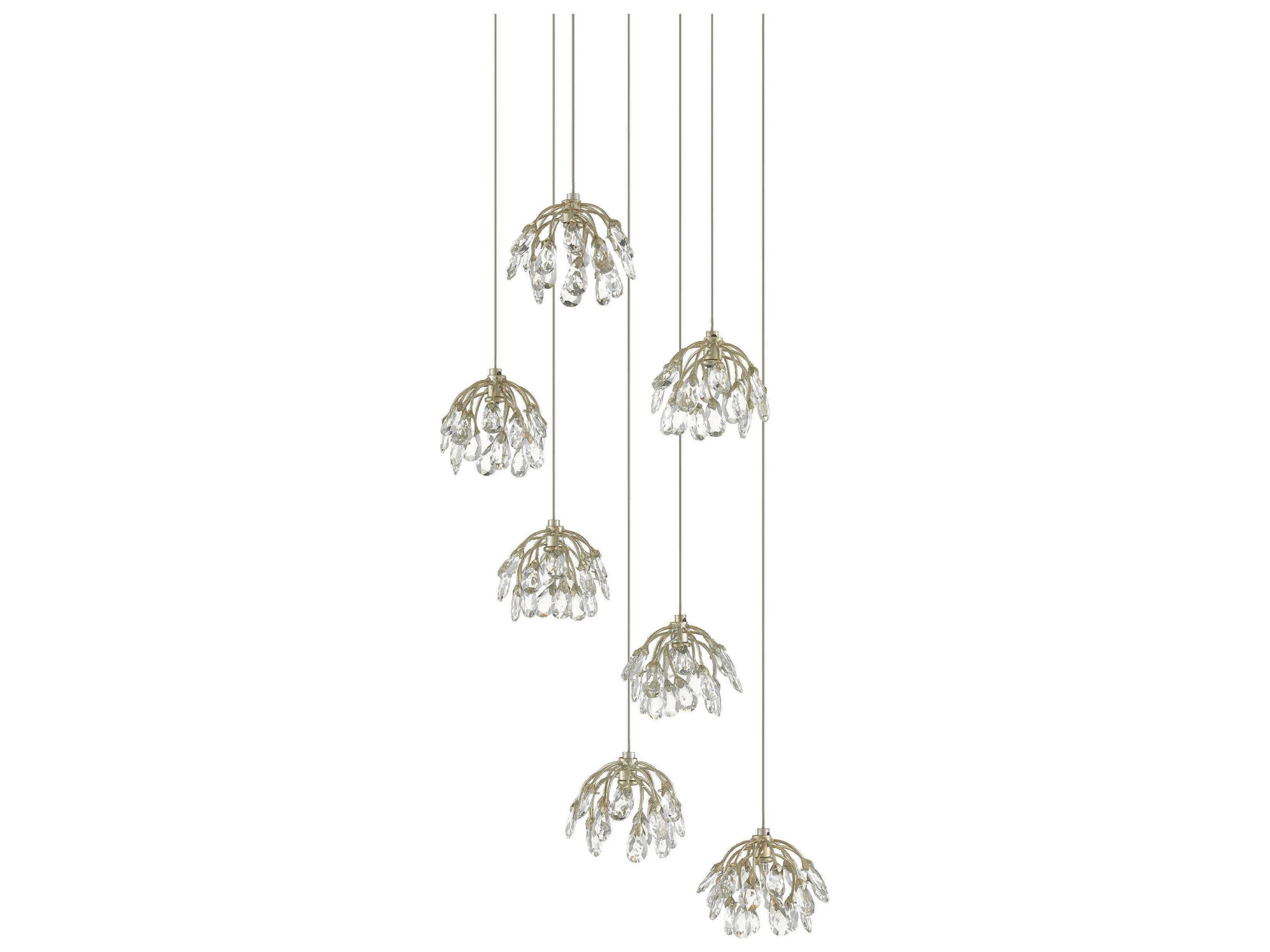 Currey & Company Crystal Bud 7-Light Painted Silver Bell Pendant