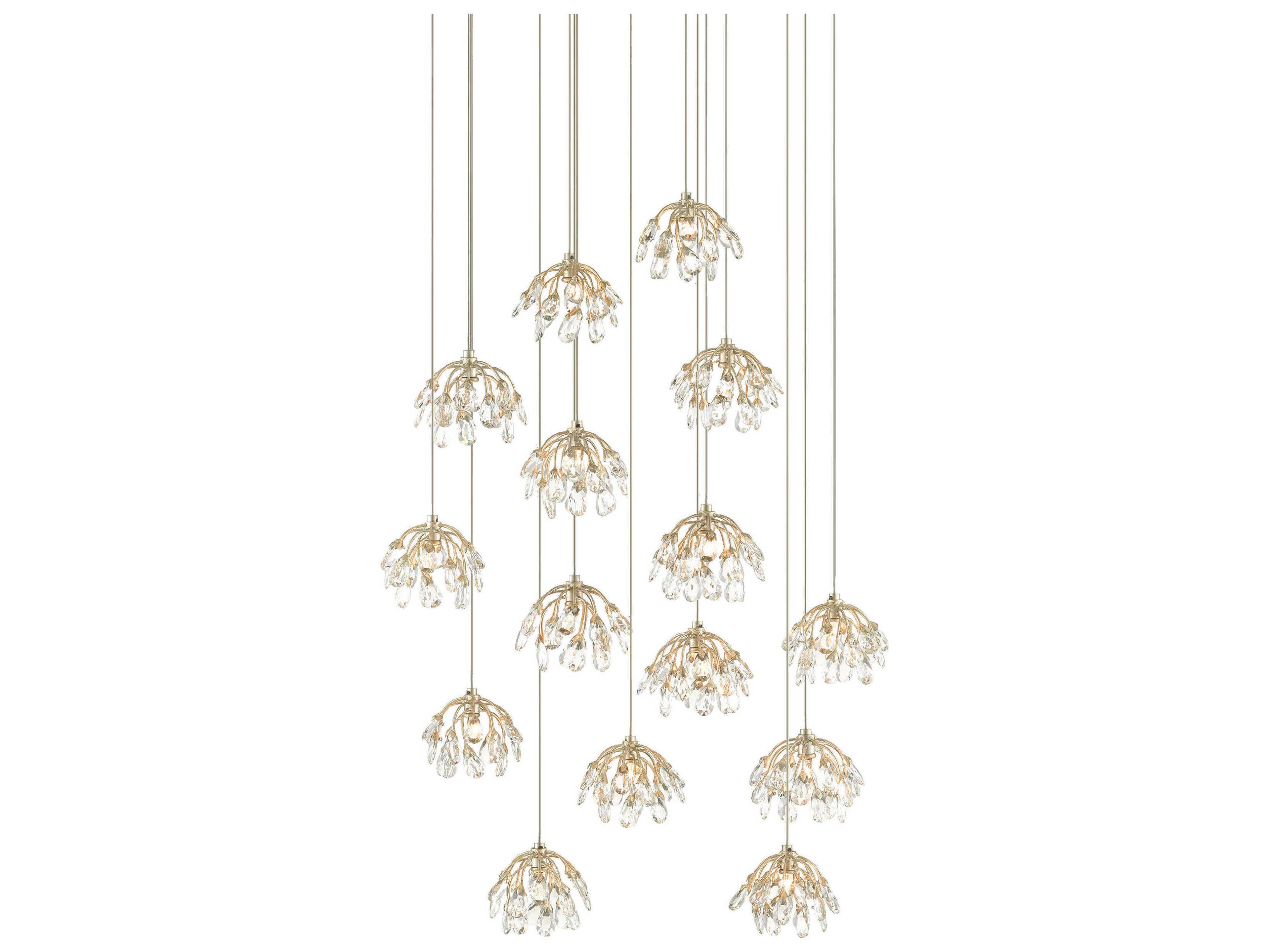 Crystal Bud 15-Light Painted Silver Bell Pendant