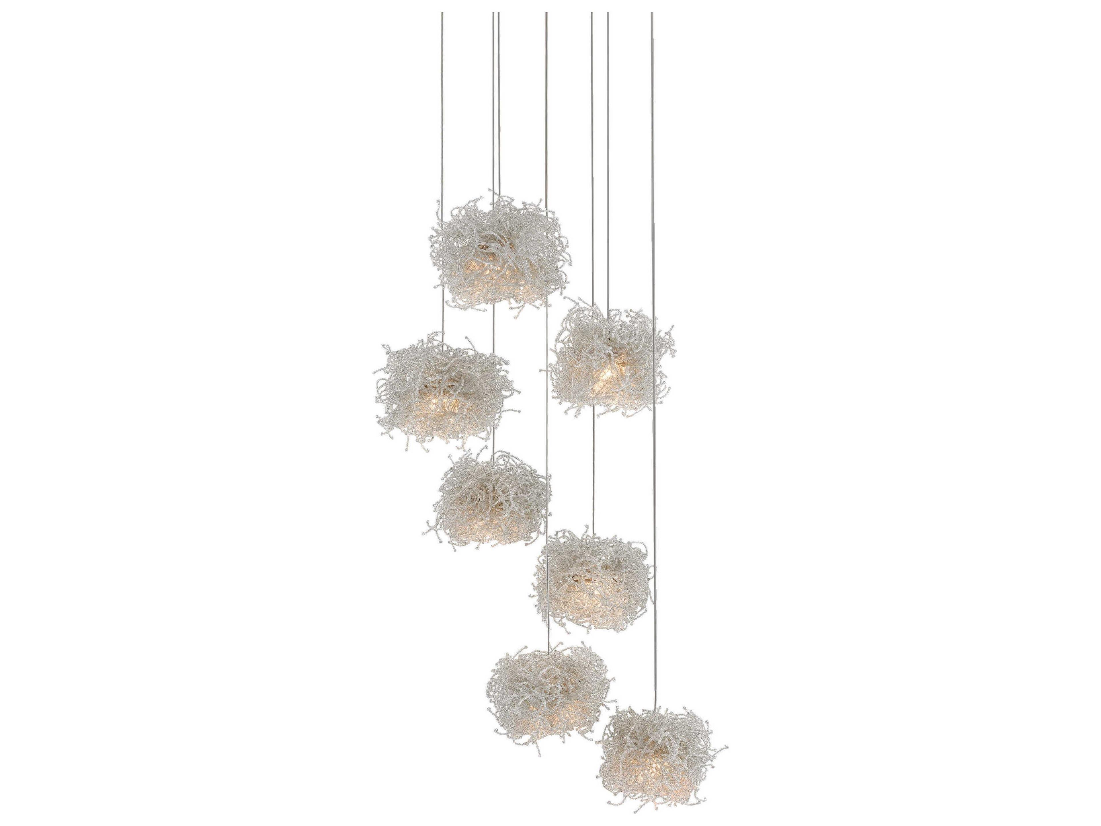 Birds Nest 7-Light Painted Silver Glass Pendant