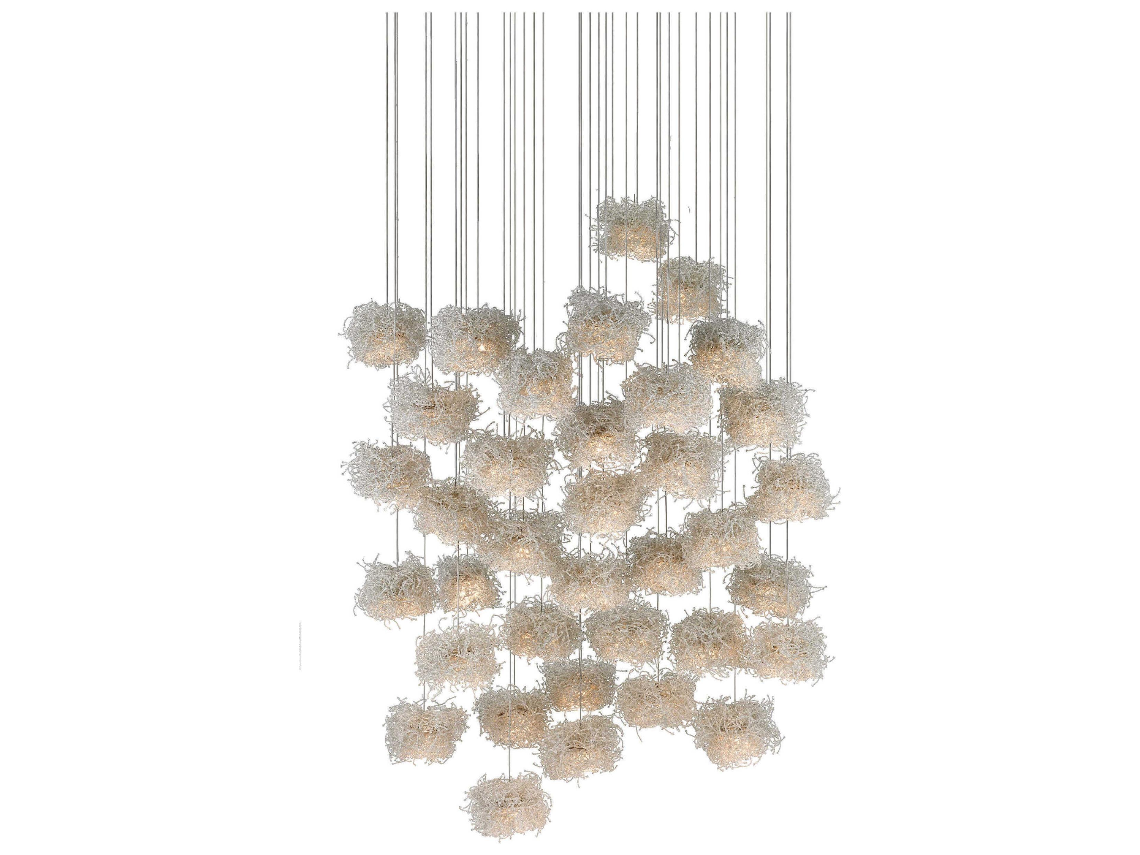 Birds Nest 36-Light Painted Silver Glass Pendant