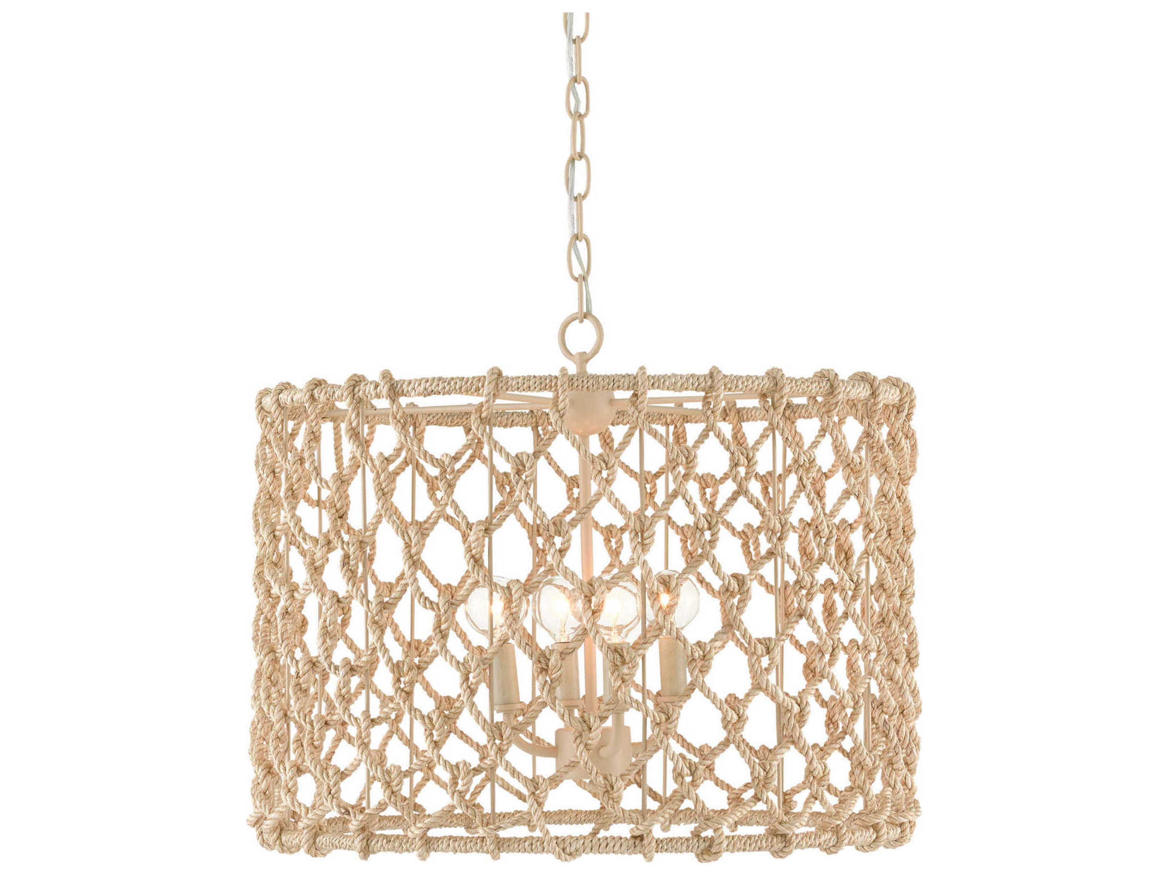 Currey & Company Chesapeake 4-Light Beige Smokewood Natural Rope Brown Drum Chandelier
