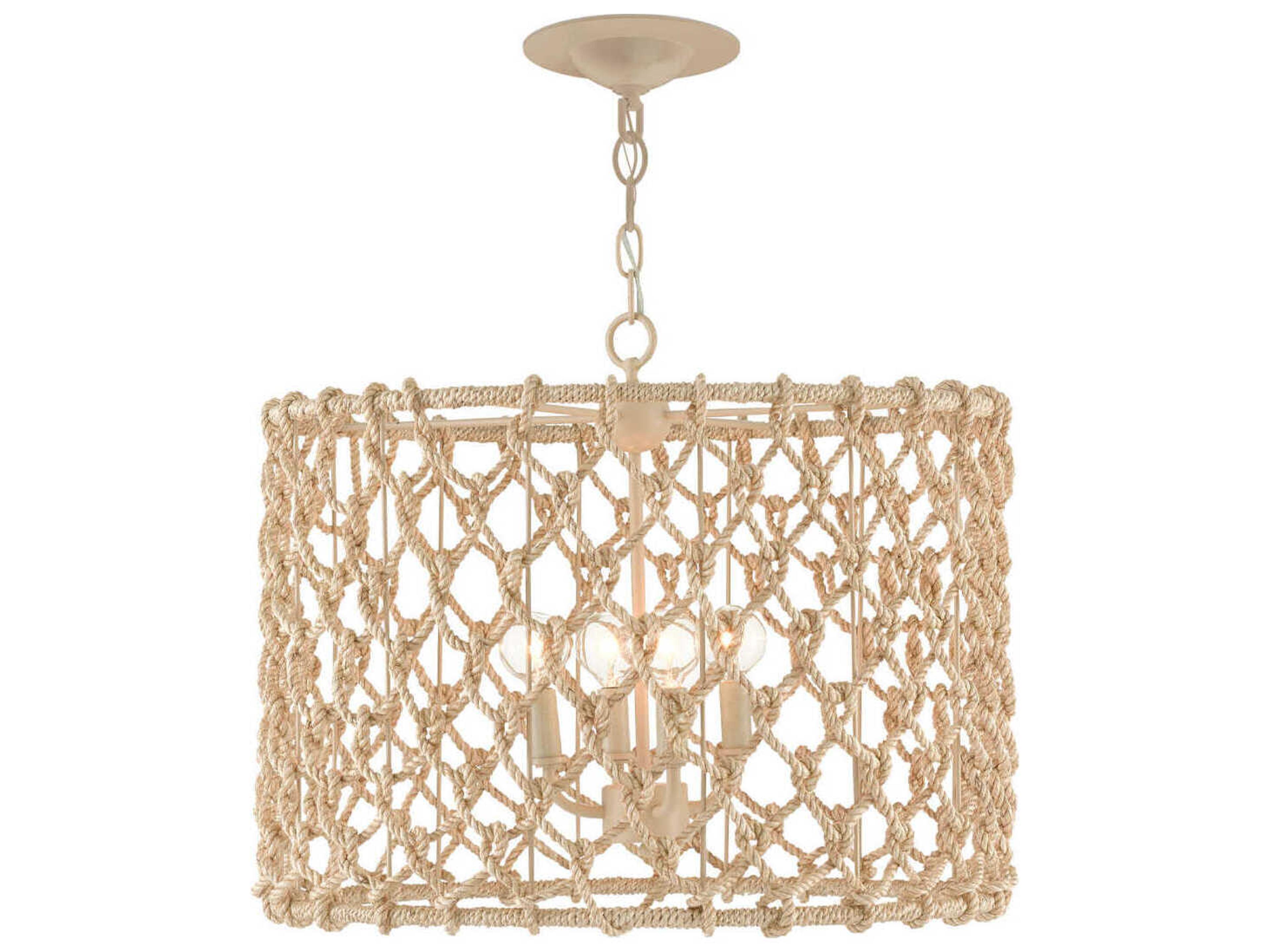 Currey & Company Chesapeake 4-Light Beige Smokewood Natural Rope Brown Drum Chandelier